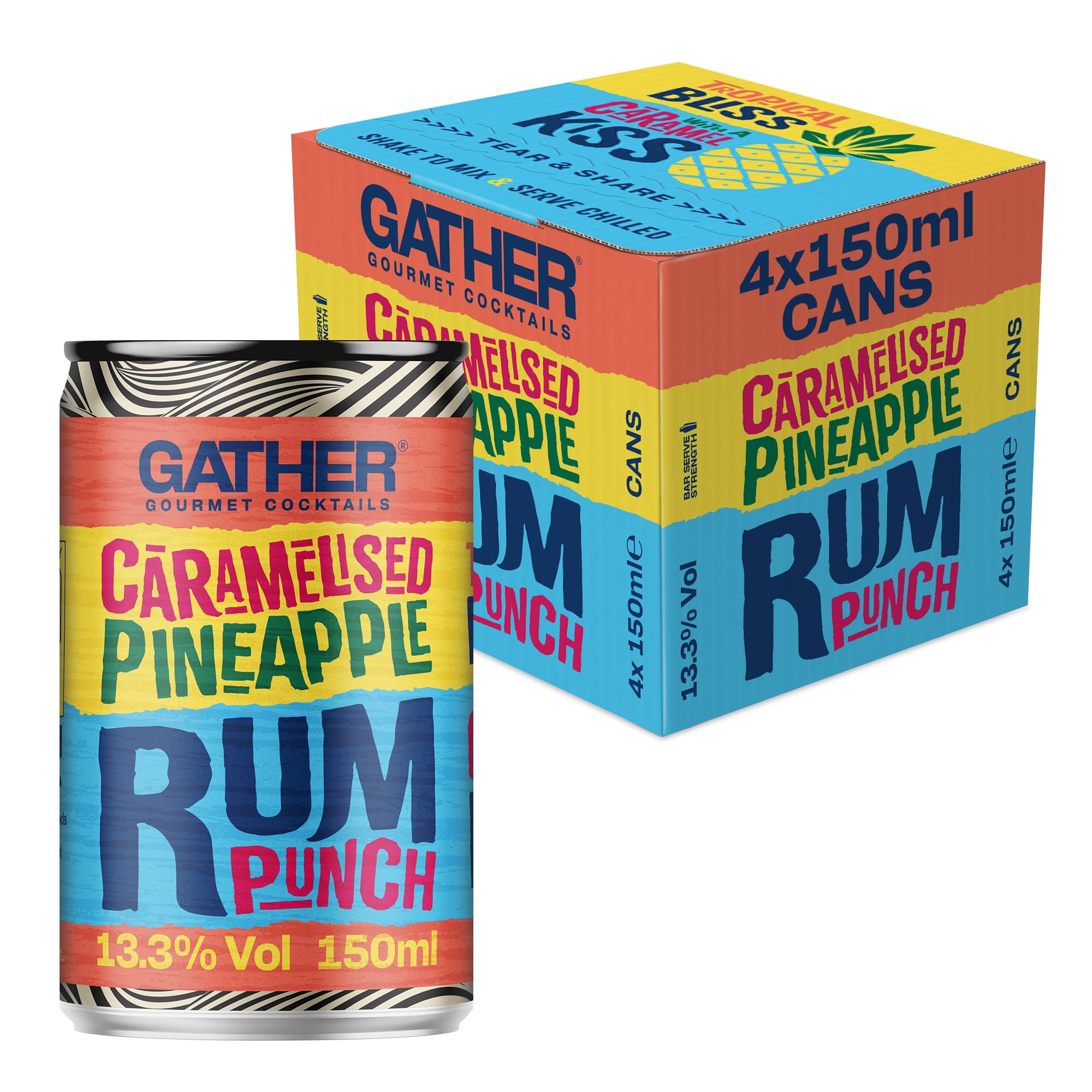 GATHER Caramelised Pineapple Rum Punch | 4 x150ml Canned Cocktails | Sweet Pineapple, Caramel Syrup, Rich Rum | 13.3% ABV | Vegan and Allergen Free | Cocktail pack