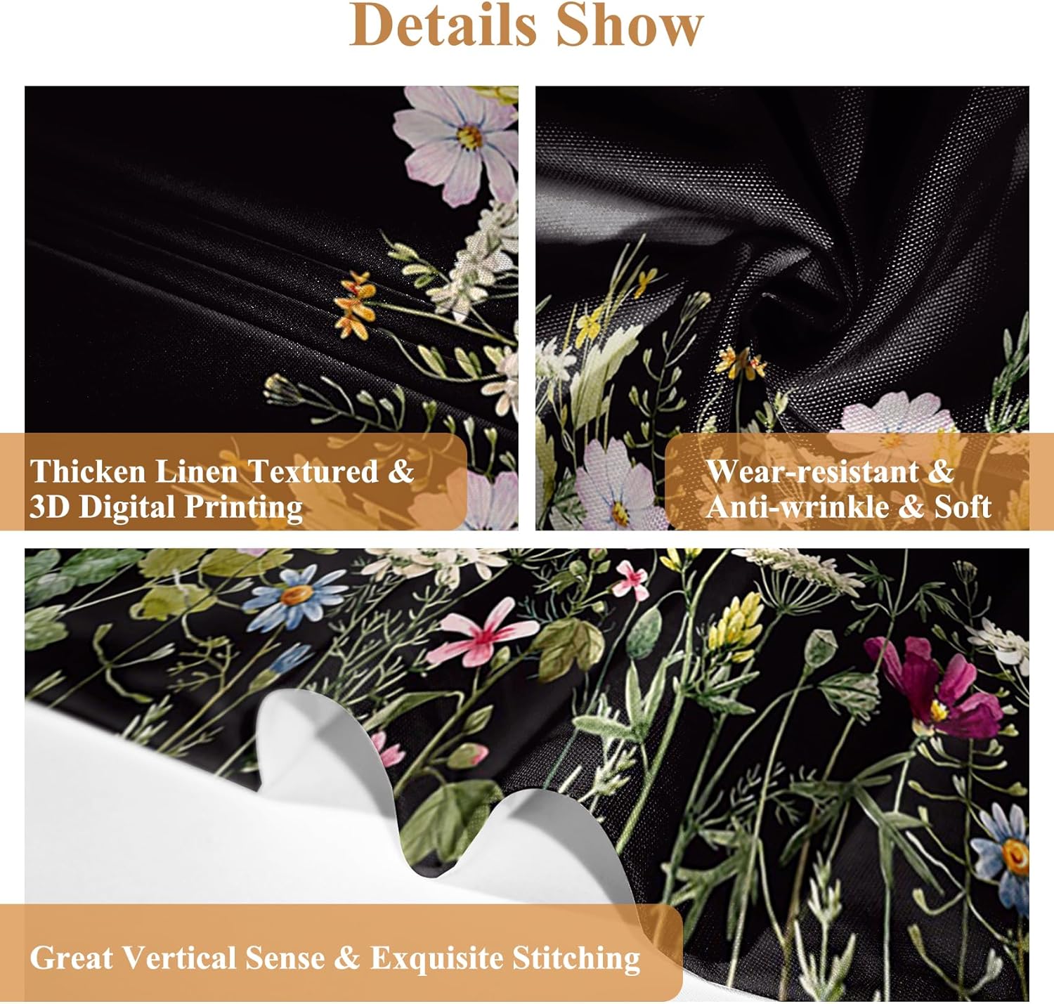 Renaiss 26 x 45 Inch Wildflower Blackout Kitchen Curtains Botanical Flower Printed Black Window Curtains Tier Herbs Rustic Farmhouse Window Treatment Curtains for Basement RV Camper Linen 2 Panels