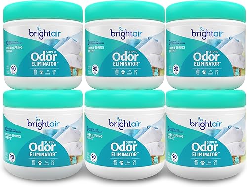 Bright Air Súper eliminador de olores, para espacios de tamaño mediano, aroma a lino y brisa primaveral, caja de 6, ambientador, aceites esenciales