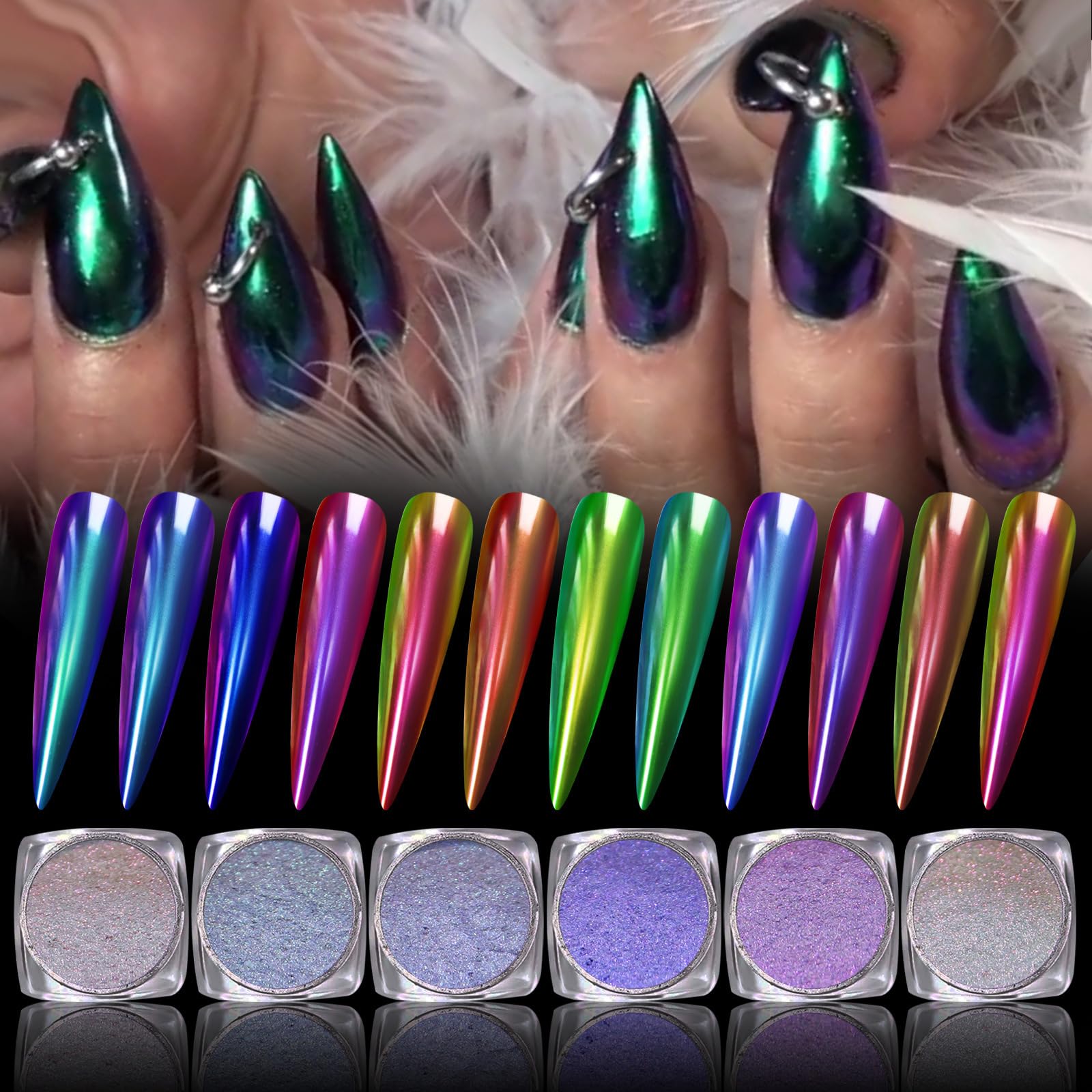 RoseFlower Poudre Chrome Ongle, 12 Couleurs Effet Miroir Holographique Aurora Chameleon Poudre à Paillettes Métalliques pour Ongles, Paillettes pour Nail Art à la Maison, Manucure DIY