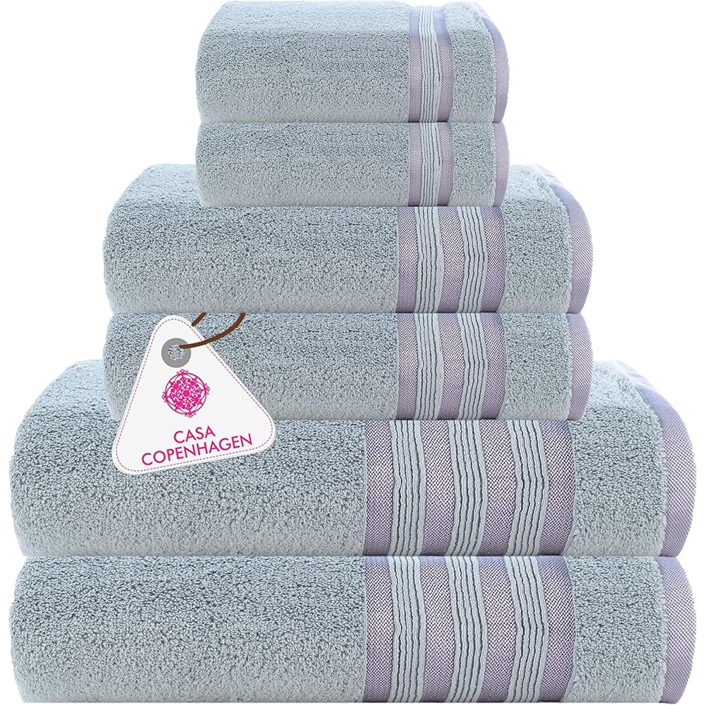 CASA COPENHAGEN Zero Twist, 6 Pieces Set 100% Cotton 0" Twist Towel Set- Grey Violet, 600 GSM, 2 Bath, 2 Hand, 2 Washcloths Made from Egyptian Cotton,