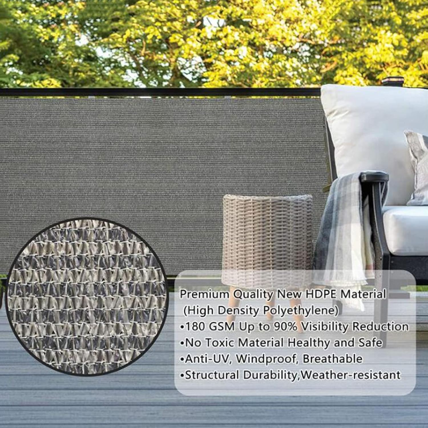 Balcony Privacy Screen Fence Cover UV Protection Weatherproof Windscreen Heavy Duty Shade Cloth for Patio Backyard (Color : Gray Size : 2x3m) (Gray 2x2m)
