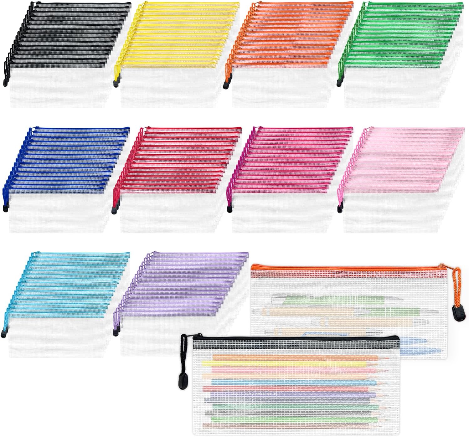 GEMLORD 150 Pack Pencil Pouches Bulk Gifts, 9.35 x 4.7 Inch Mesh Zipper Pencil Bags, Small Clear Pouch Storage Cases for School Supplies, Office Stationery, Travel, Cosmetics, Toiletry, 10 Colors