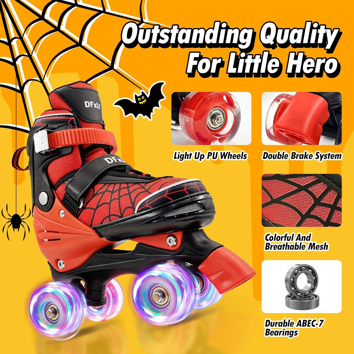 Kids Roller Skates for Boys Ages 3-5 5-8 6-12 Quad Rollerskates 4 Size Adjustable with Light Up Wheels for Beginner Children's Birthday Gift Indoor Outdoor Sports