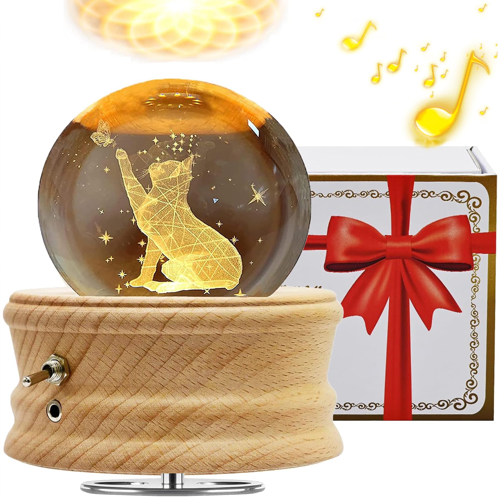 Spieluhr für Erwachsene, 3D Kristallkugel Spieluhr, 360° Leuchtende Drehbare Spieluhr mit Lichtprojektion und Holzsockel, Geeignet für Kinder, Ehefrauen, Mütter, Kreative Dekoration Geschenke