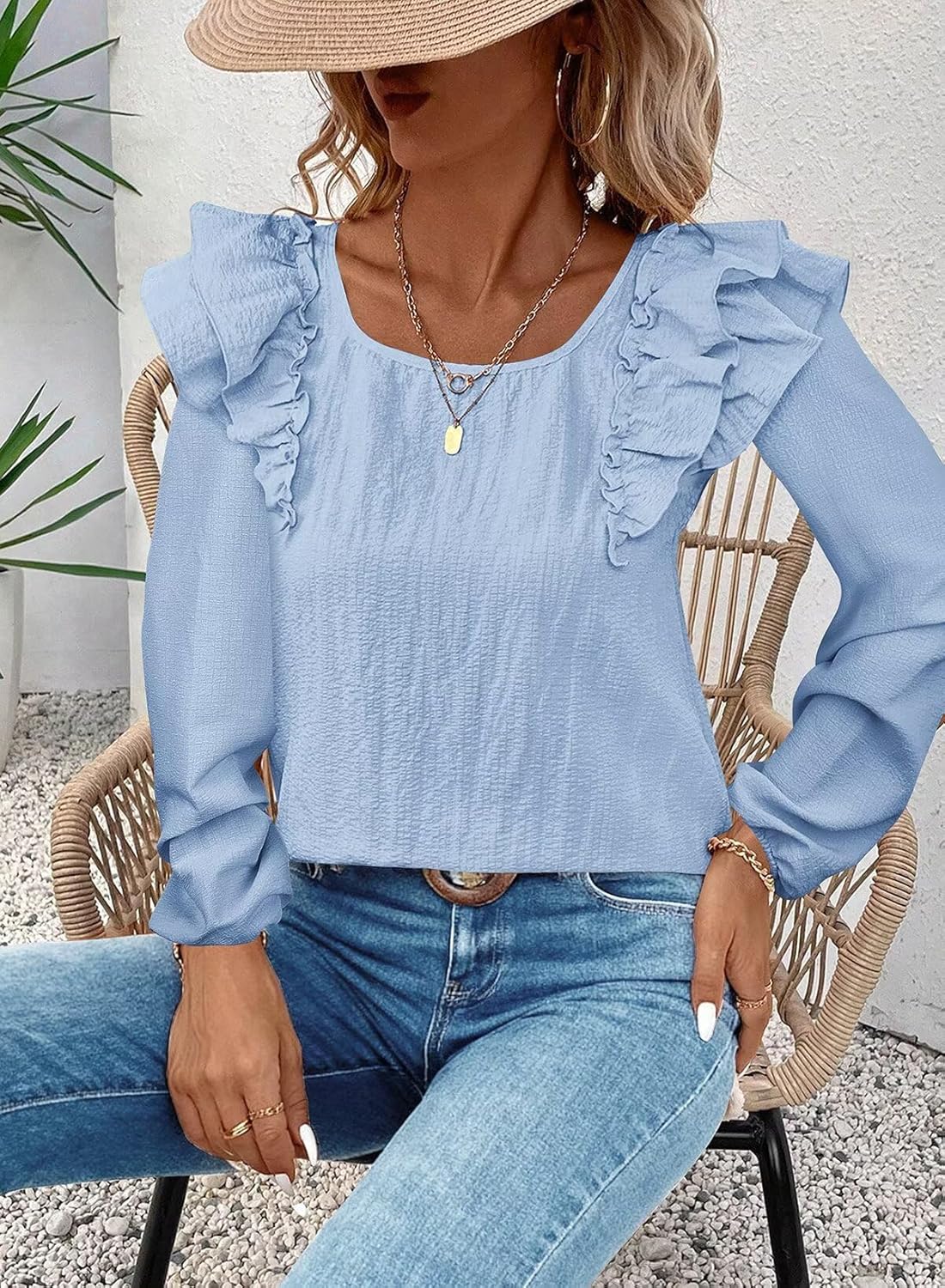 Womens Bow Tie Back Tops Square Neck Long Ruffle Sleeve Shirts Cute Babydoll Chiffon Texture Women Fall Trendy Tunic - Image 3