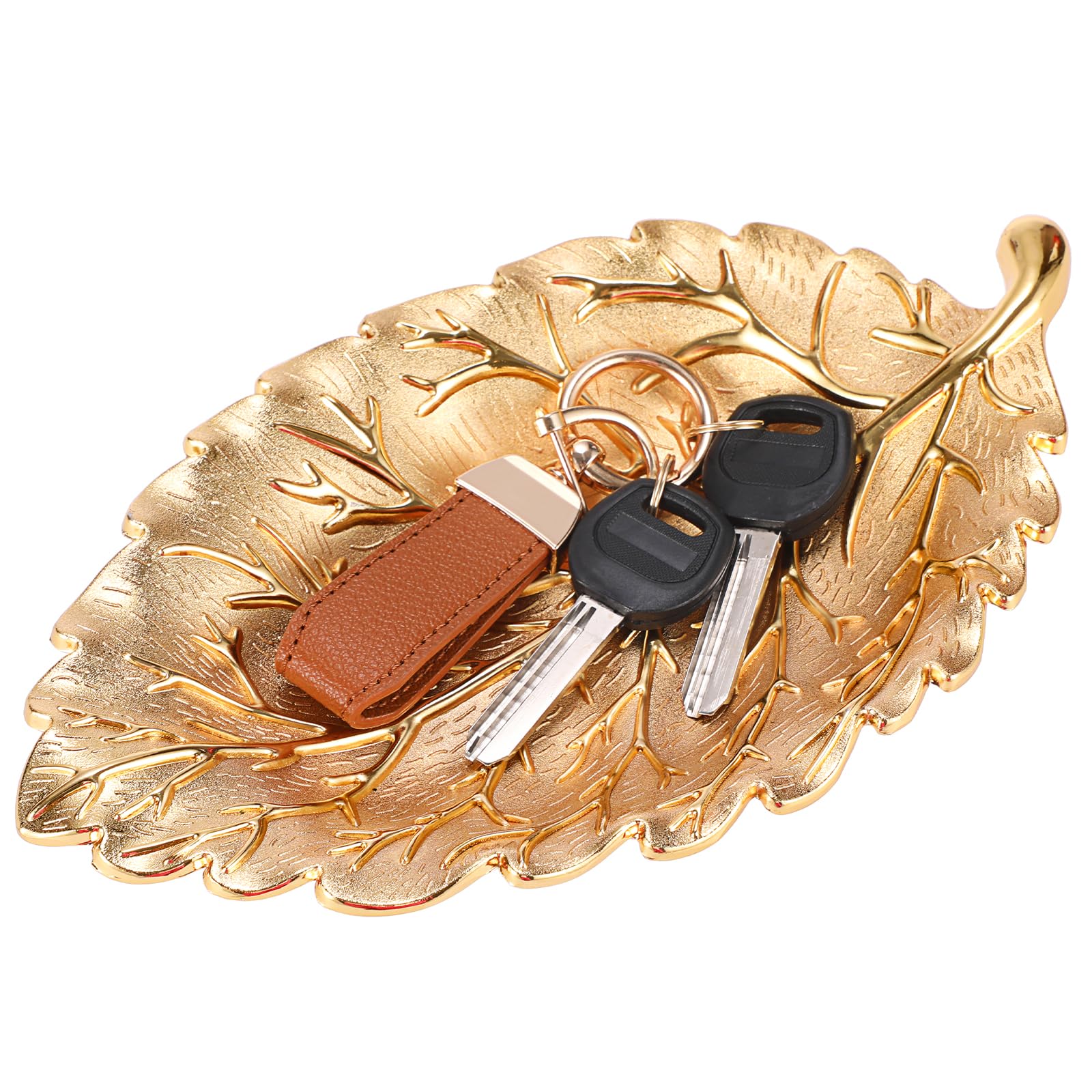 OLegei Leaf Keys Caddy Bowl, Metal Entryway Key Holder Dish, Coffee Table Decorative Serving Tray, Gold Catch All Organizer for Wallet, Earbuds, Car Keys, Coin (Medium)