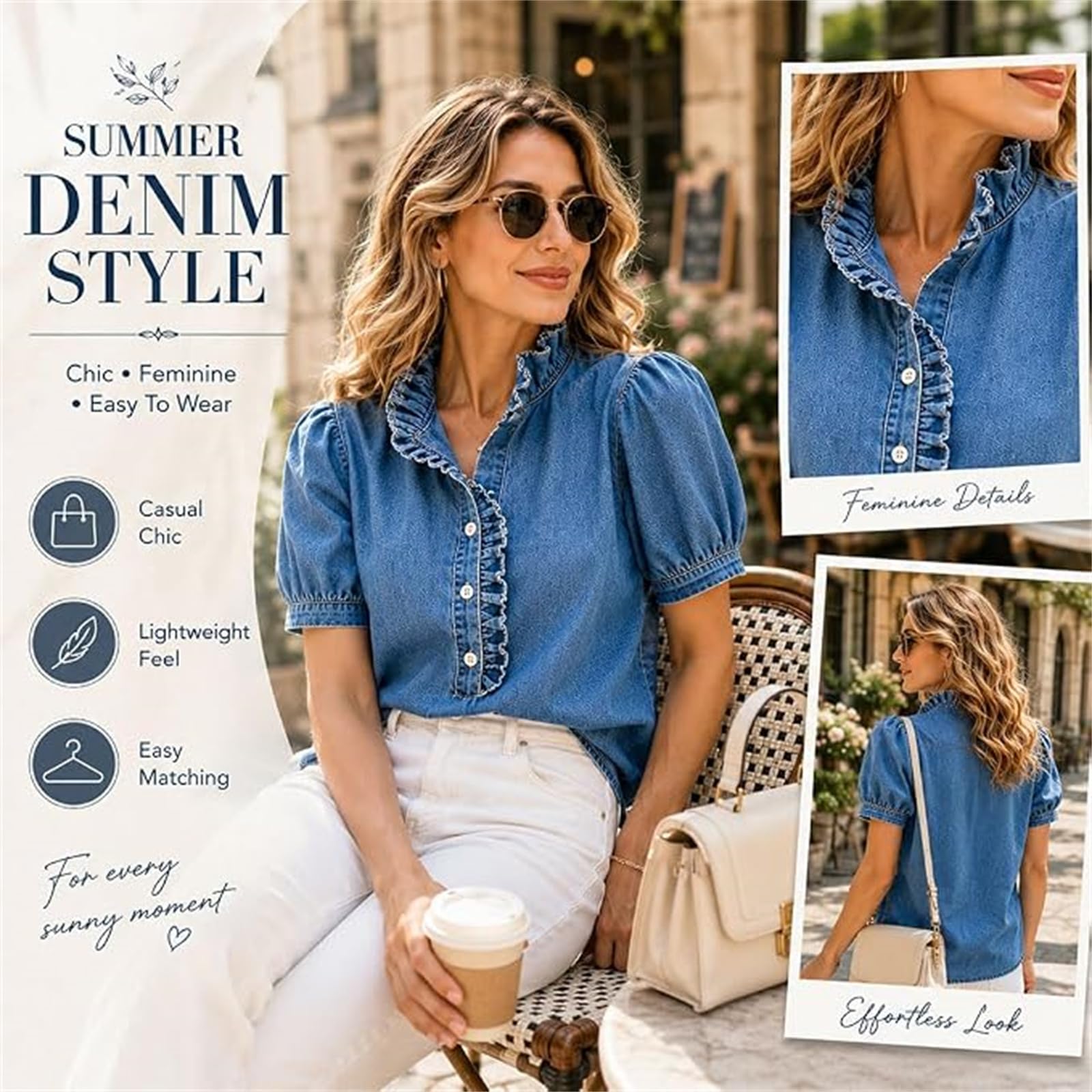 Blusa de Jean con Volantes y Botones para Mujer, Blusa de Mezclilla con Volantes, Manga Abullonada y Peplum, Blusas con Volantes para el Verano