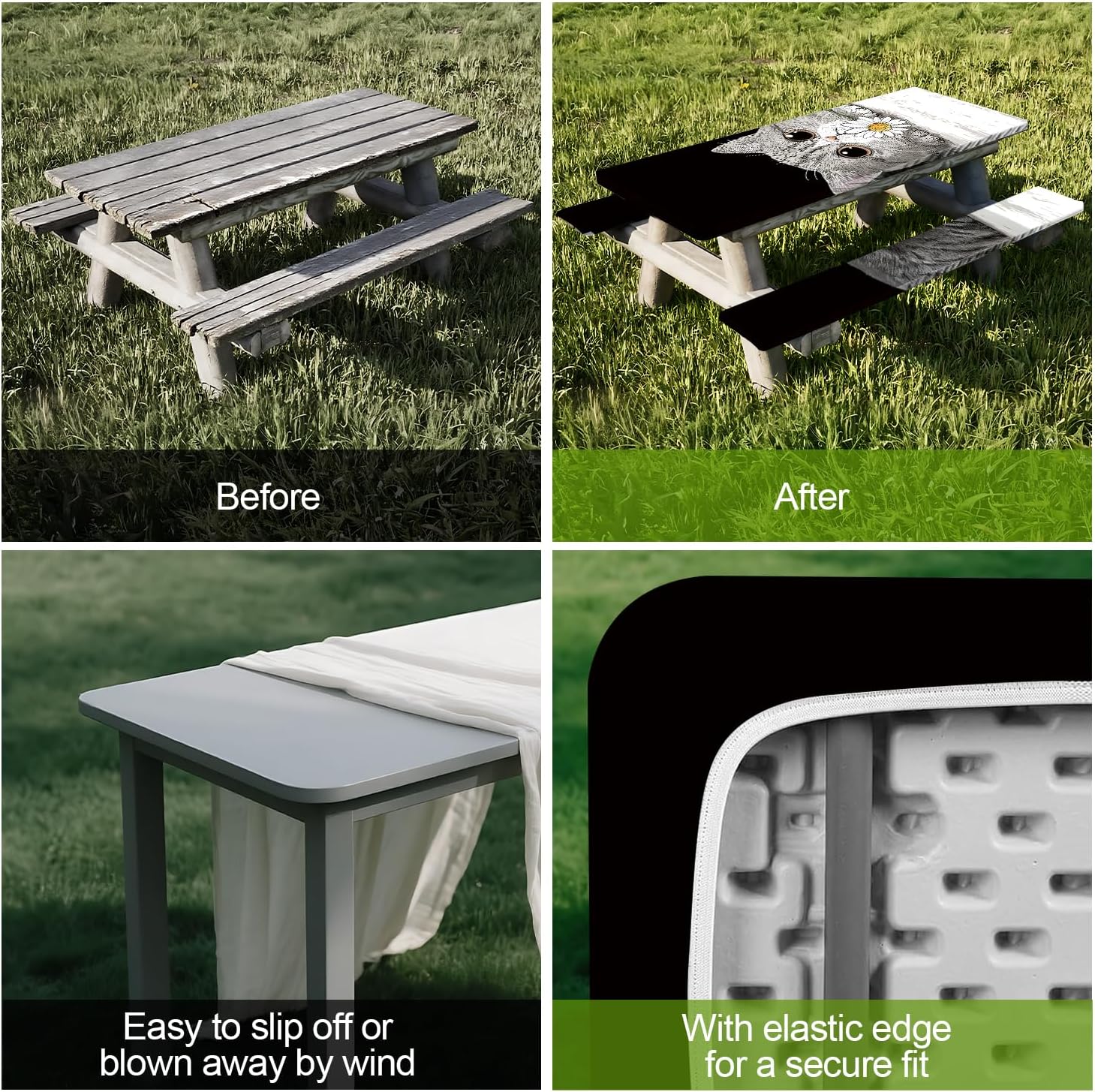 3-Piece Picnic Table Cover Set with Bench Covers,Elastic Fitted Camping Tablecloths for 6Ft Rectangular Tables,Snowman Winter Tablecloth Cover (Cat, 72in)