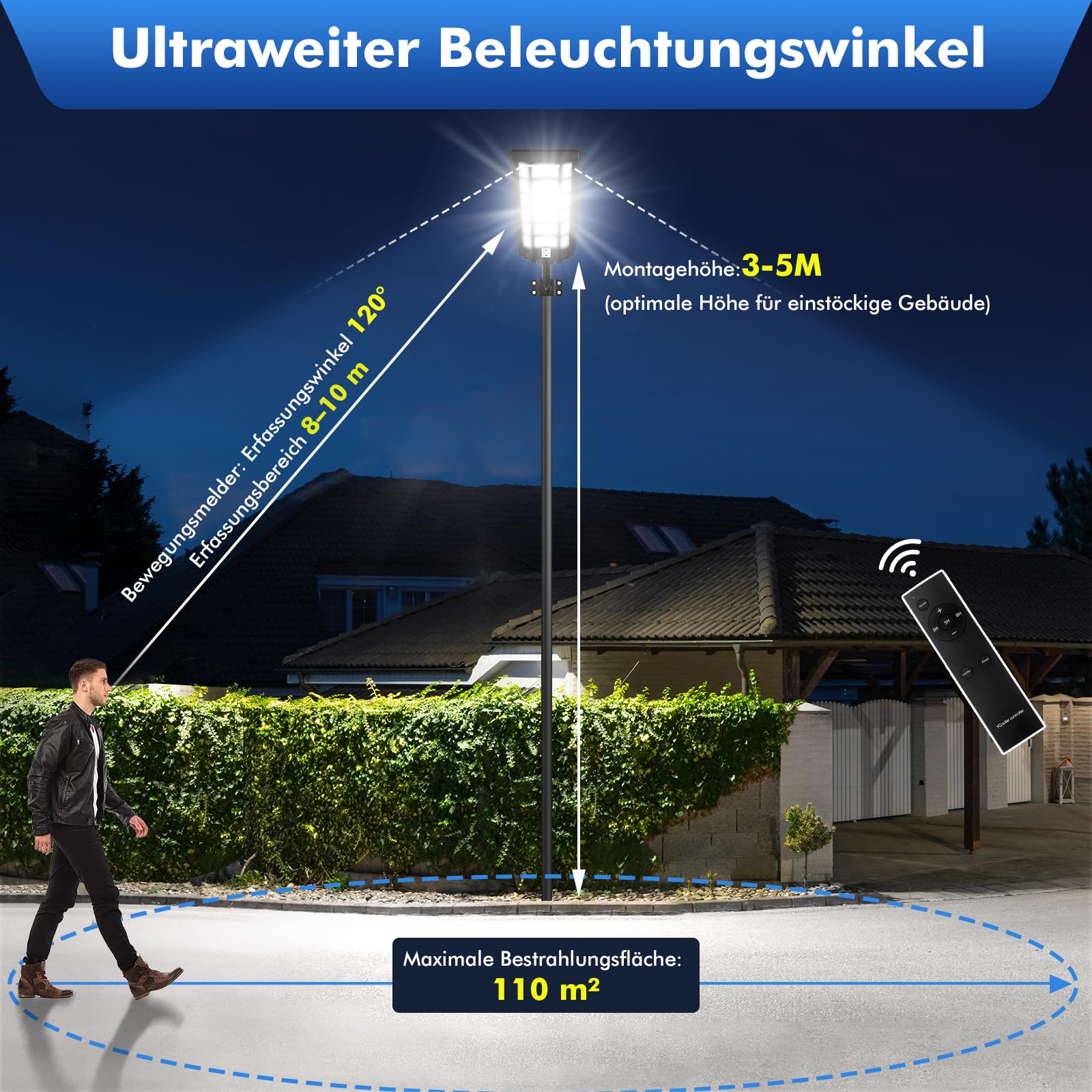 Viugreum 2000W Lampione Solare Led Esterno, 200000LM Lampione LED con Pannello Solare, 6500k Luci Solari, IP67 Impermeabile Lampioni Solari con Sensore di Movimento e Telecomando per Giardino Sentieri