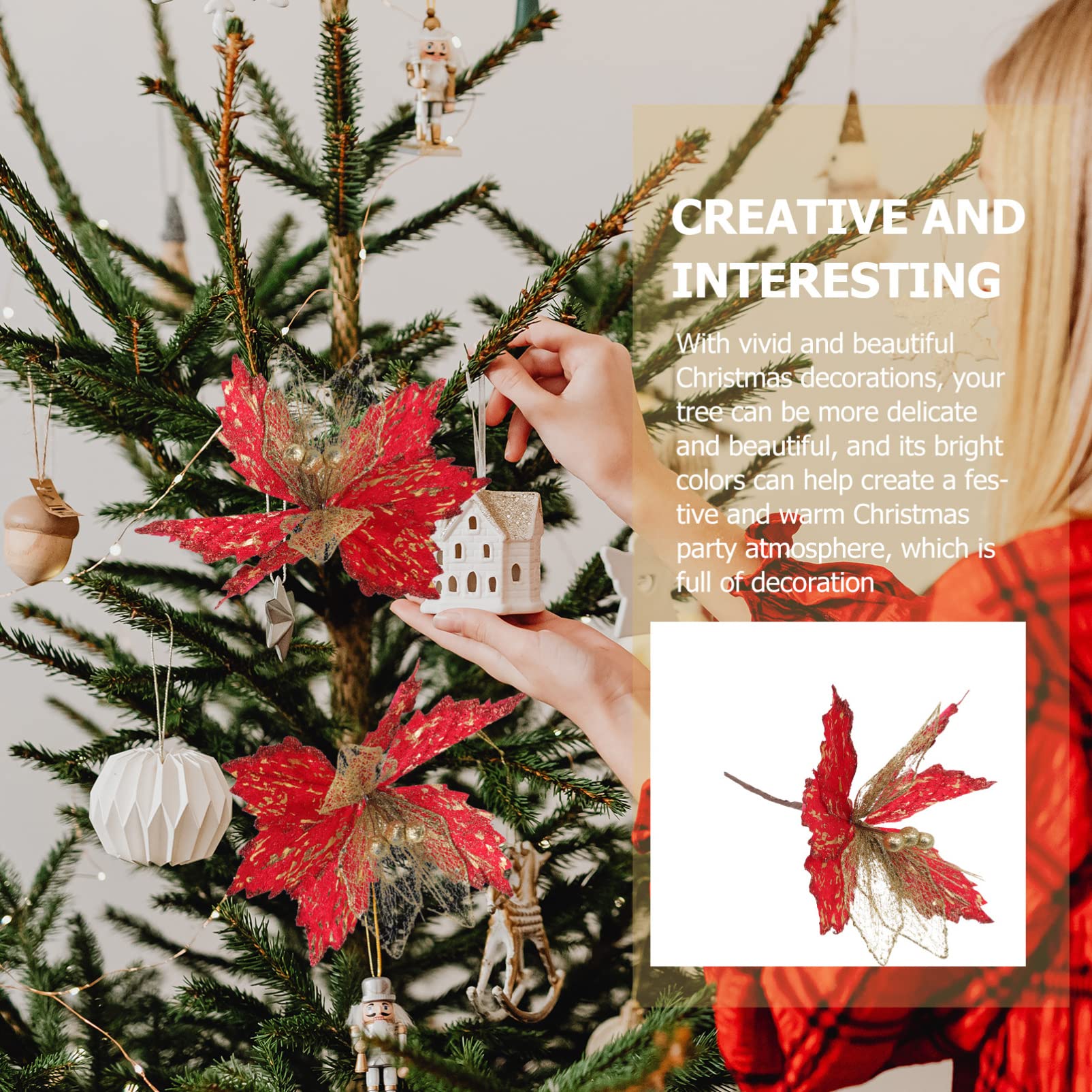 2 pièces Fleurs de noël artificielles Fleurs de Mariage Guirlande de Paillettes Pics tiges de Fleurs d'arbre de noël Couronne de Poinsettia tiges de Poinsettia artificielles Couronne décor