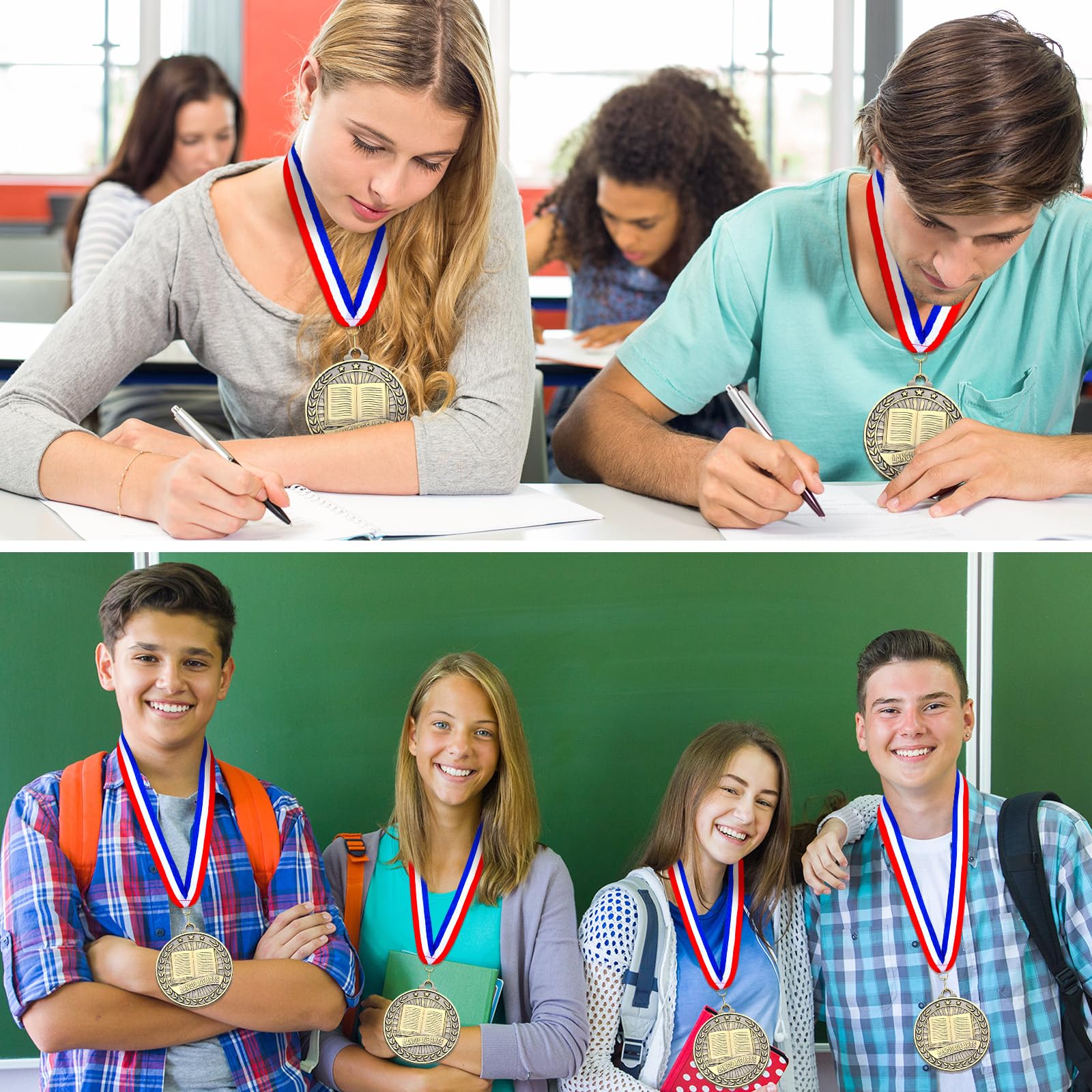Quelay 30 medallas de premio de 2 pulgadas, medallas de oro a granel con cintas para el cuello, trofeo de metal, regalo para torneos, competiciones, fiestas, niños y adultos (artes lingüísticas)