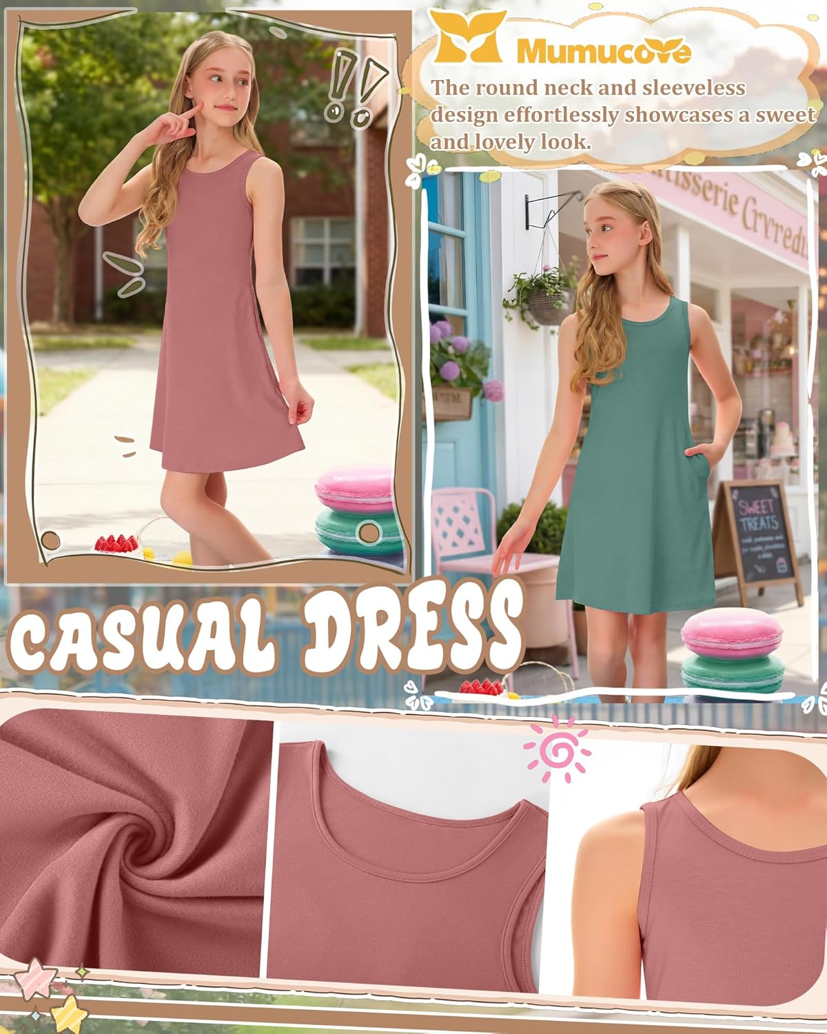 2 Pack Girls' Summer Dresses Sleeveless Tank Dress Kids Casual Loose Crewneck Beach Sundress with Pockets 5-14 Years
