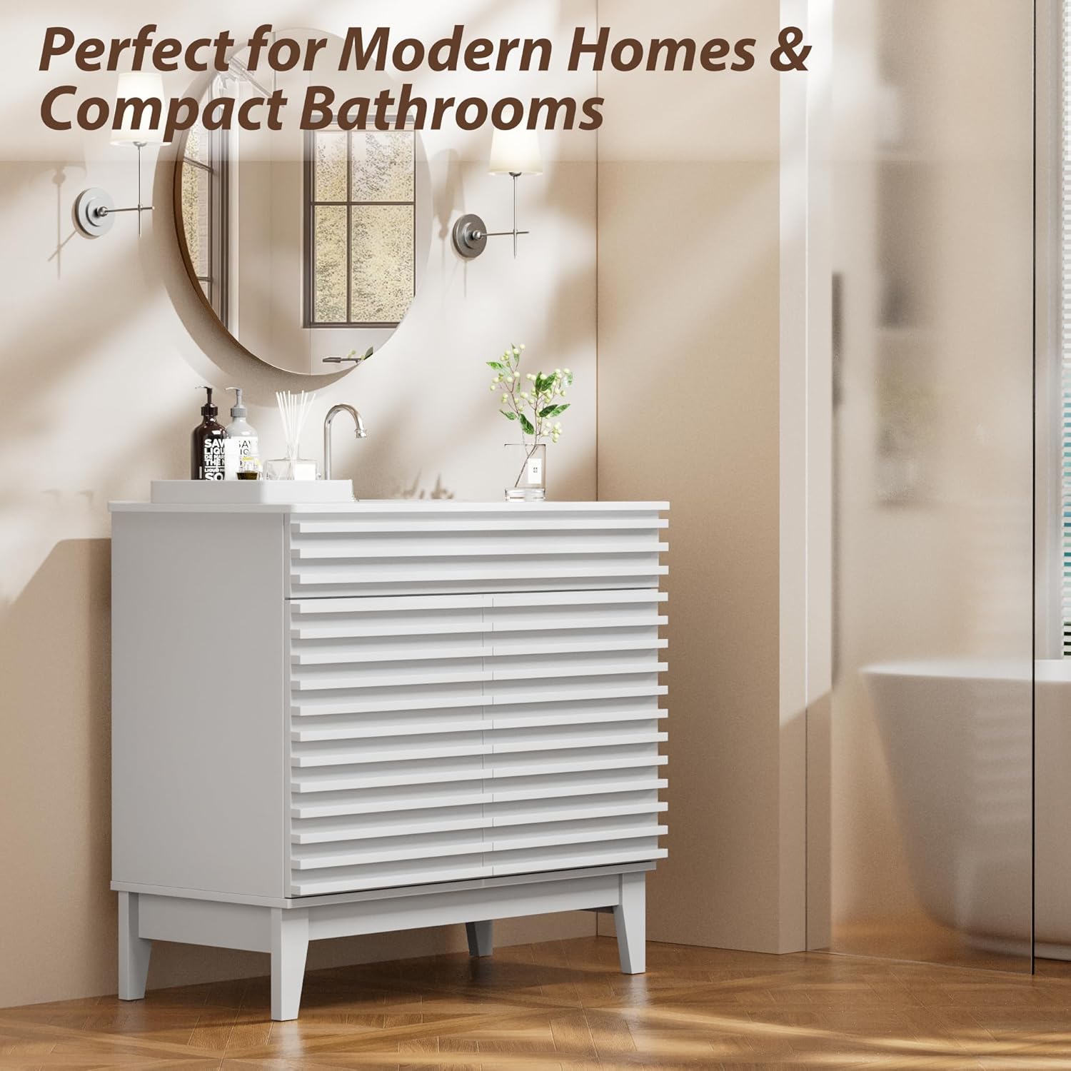 APRILSOUL 36" Bathroom Vanity with Ceramic Sink, Mid-Century Bathroom Vanity Cabinet with 2 Soft Closing Doors, Freestanding Bathroom Cabinet, Particleboard Frame with Wood Grain Laminate, White