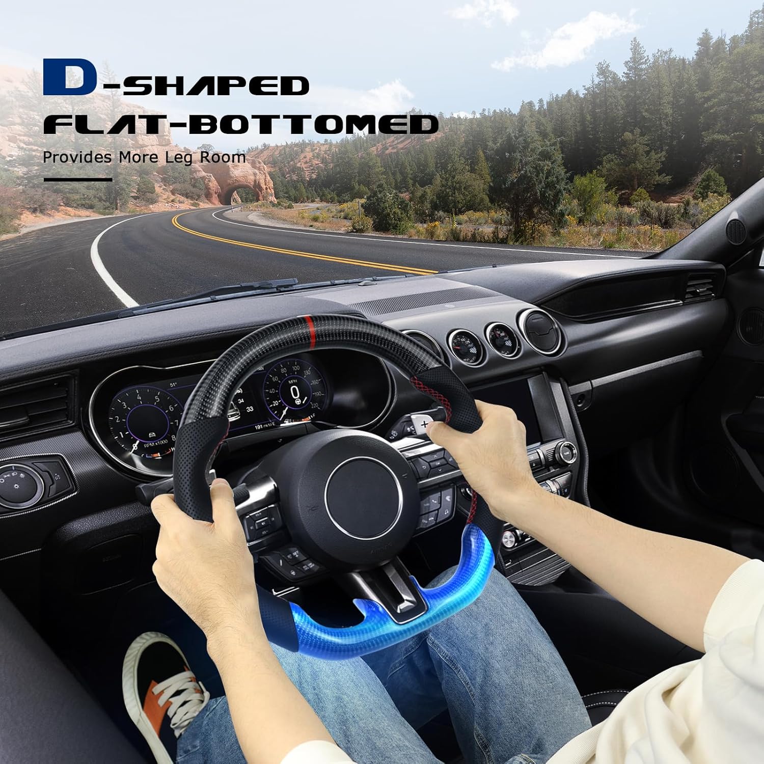 Real Carbon Fiber Steering Wheel For Mustang EcoBoost/GT/Shelby GT350/GT350R D-shaped With stitching Nappa Perforated Leather Flat-bottom Steering Wheel for Mustang 2018-2023