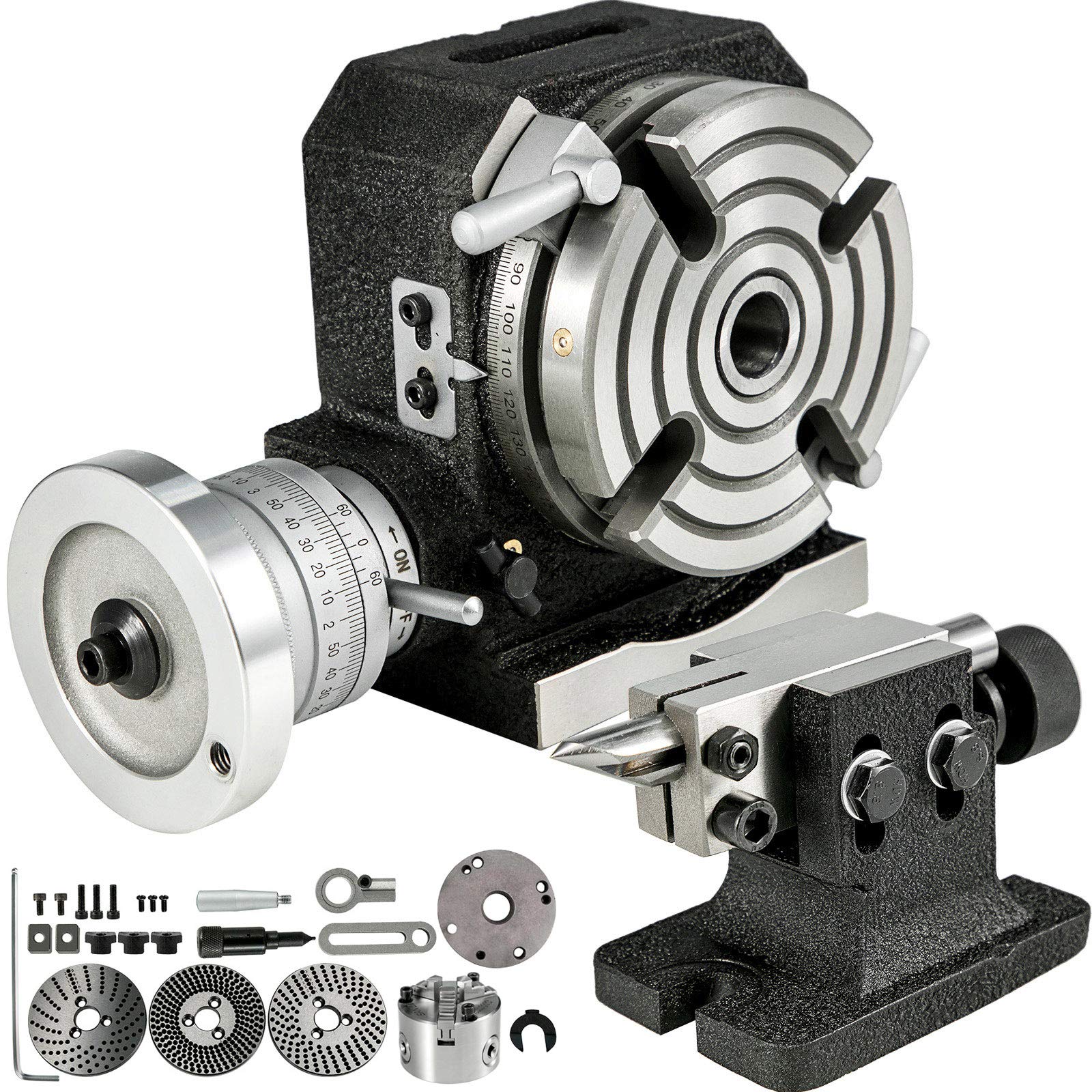BestEquip Rotary Table 4inch(100mm) Horizontal Vertical Milling Table 4-Slot Milling Rotary Table MT-2 Rotary Table for Milling with Indexing Plates Tailstock and 4inch Chuck for Precision Milling