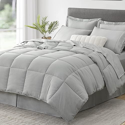 UMCHORD Queen Comforter Set, Light Grey 8 Pieces Bed in a Bag, Cationic Dyeing Bedding Sets, Lightweight All Season Down Alternative Bed Comforter Set (88"x88")