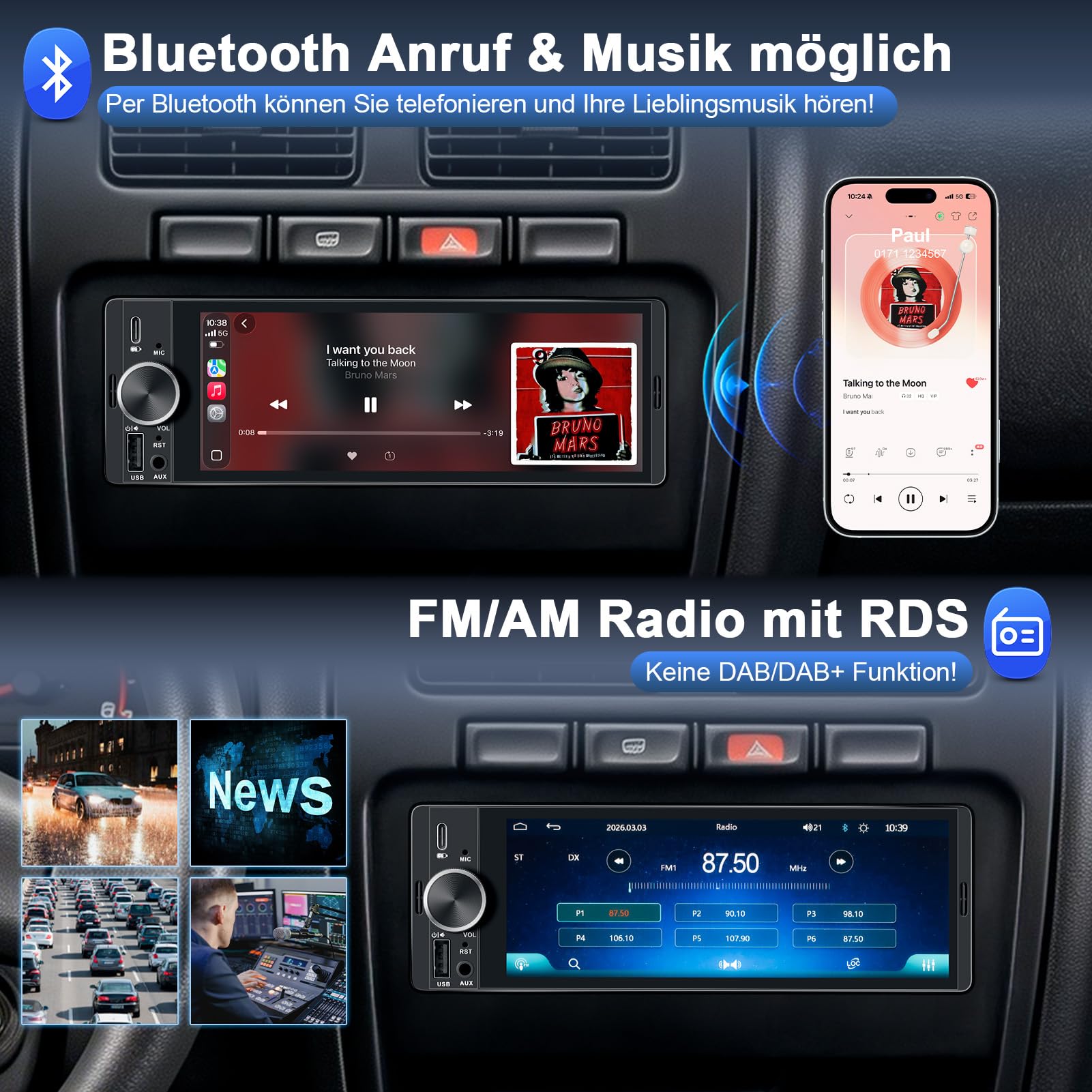 1 DIN Bluetooth Autoradio mit Bildschirm, Single DIN Auto Radio mit Wireless Apple CarPlay Android Auto Navi Rückfahrkamera FM Freisprecheinrichtung Lenkradsteuerung Mirror Link 6,9”Touch Display