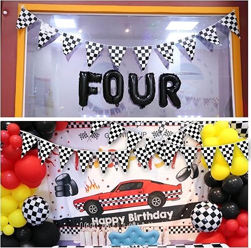 Vista 5 de 2 banderines a cuadros de doble cara, temática de auto de carreras, rojo y blanco, 80 x 5.5 x 7.8 pulgadas, decoración de fiesta de cumpleaños