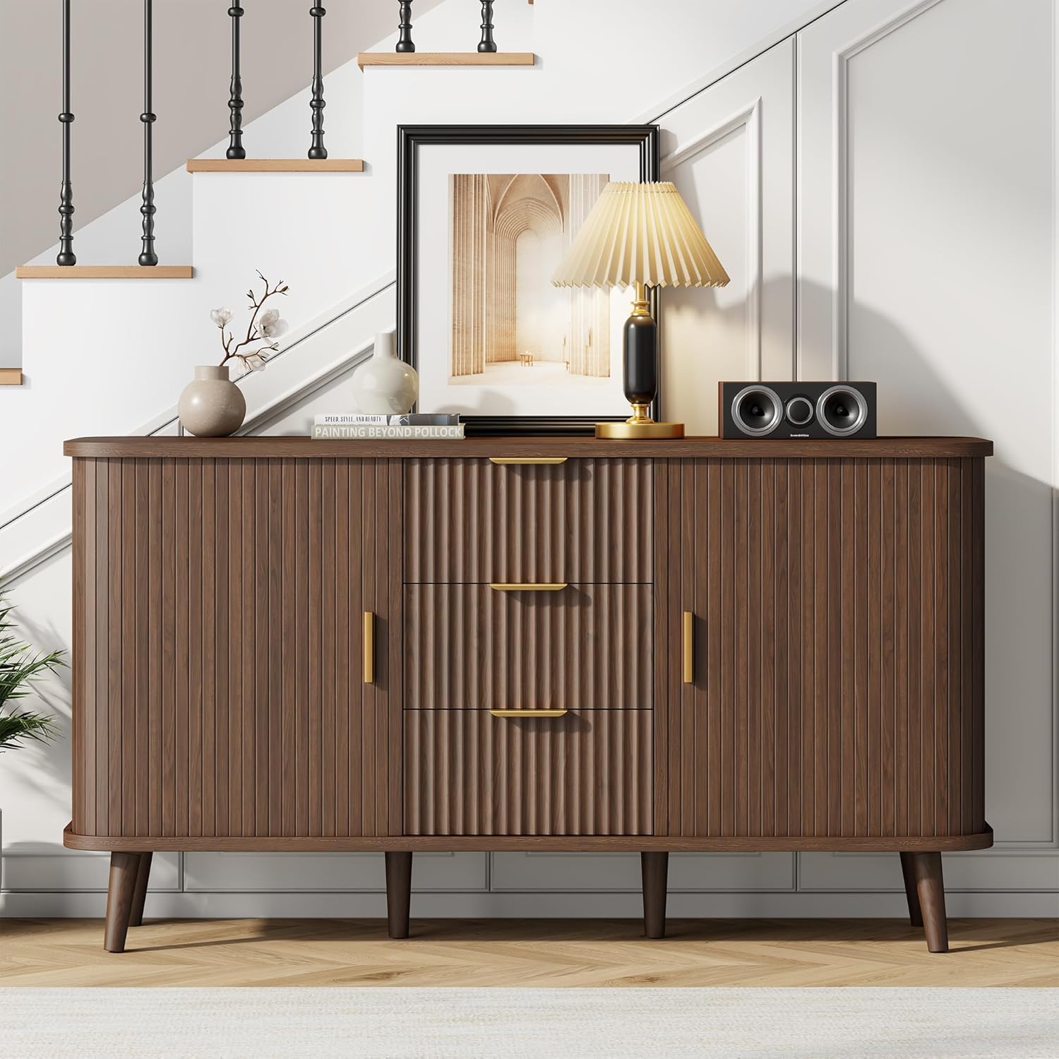 Lulive 55" Walnut Sideboard Buffet Cabinet with Sliding & Rolling Doors - Modern Storage for Kitchen, Dining & Bar