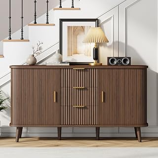 Lulive 55" Walnut Sideboard Buffet Cabinet with Sliding & Rolling Doors - Modern Storage for Kitchen, Dining & Bar