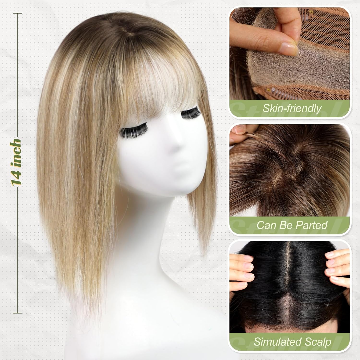 Starluck Real Human Hair Toppers for Women, 14 inch with Bangs, 5"x5.5" Base, Brown with Blonde Highlight, Covers Thinning Hair & Grey