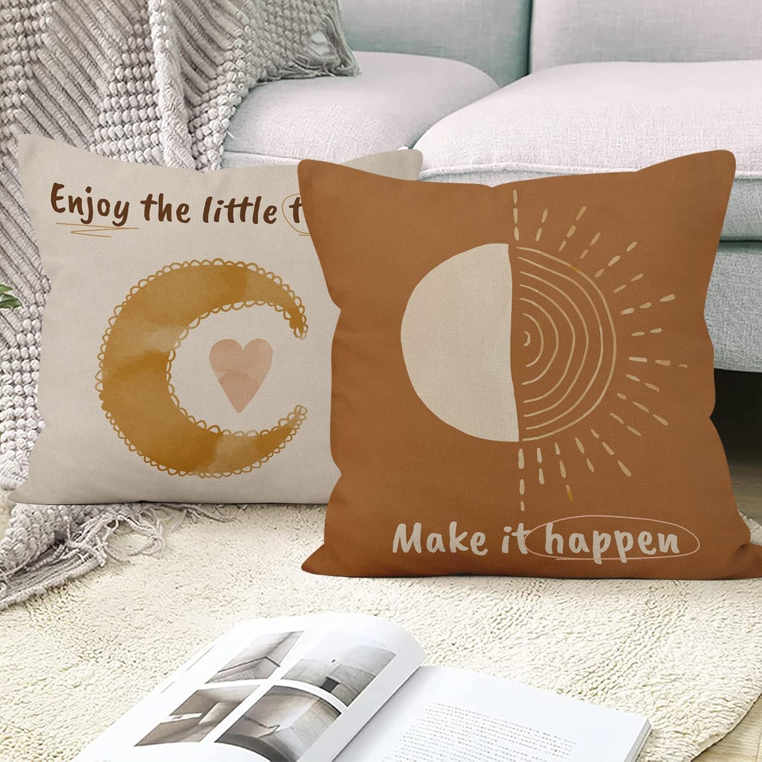 Yeele 18x18inches Abstract Sun Moon and Rainbows Modern Art Decorative Pillow Cover Inspirational Quotes Throw Pillow Cases Set of 4 Velvet Square Cushion Case for Sofa Couch Bed Office Home Decors