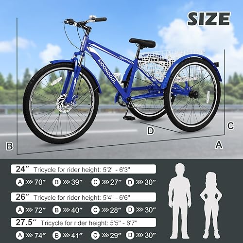 Vista 107 de H&ZT Triciclo para adultos, bicicleta de 3 ruedas, triciclo crucero, con engranaje de 7 velocidades, mango de freno de estacionamiento, escalón