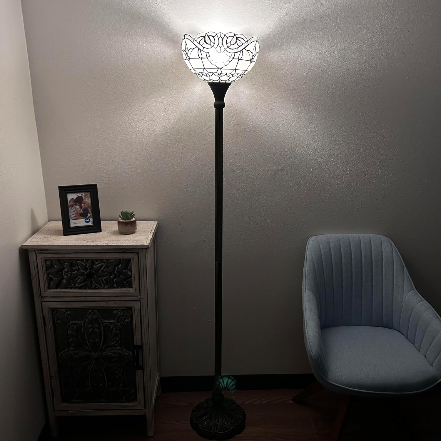 White Stained Glass Torch Floor Lamp Baroque Style LED Bulb Included for Living Room Dining Room Bedroom 12" W*12" D*66" H