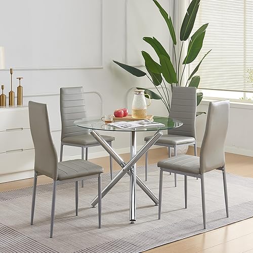 Miniatura 9 de Juego de comedor redondo de cristal de 5 piezas para 4 personas, mesa de comedor de cristal con 4 sillas de piel sintética para comedor, Podría