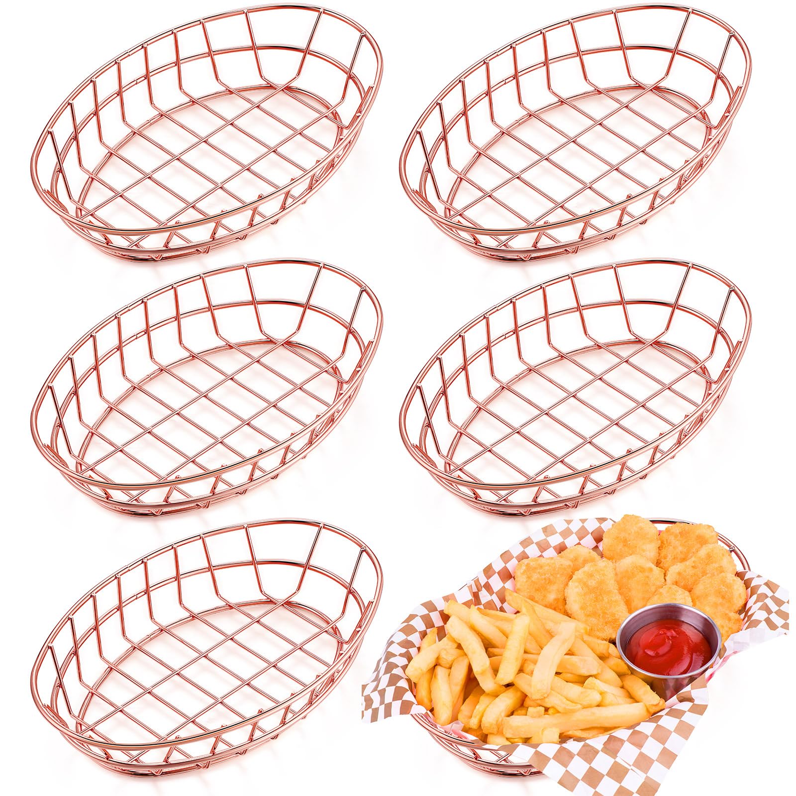 Panier ovale en métal chromé Tioncy de 24 cm pour présentation de pain et frites, lot de 6