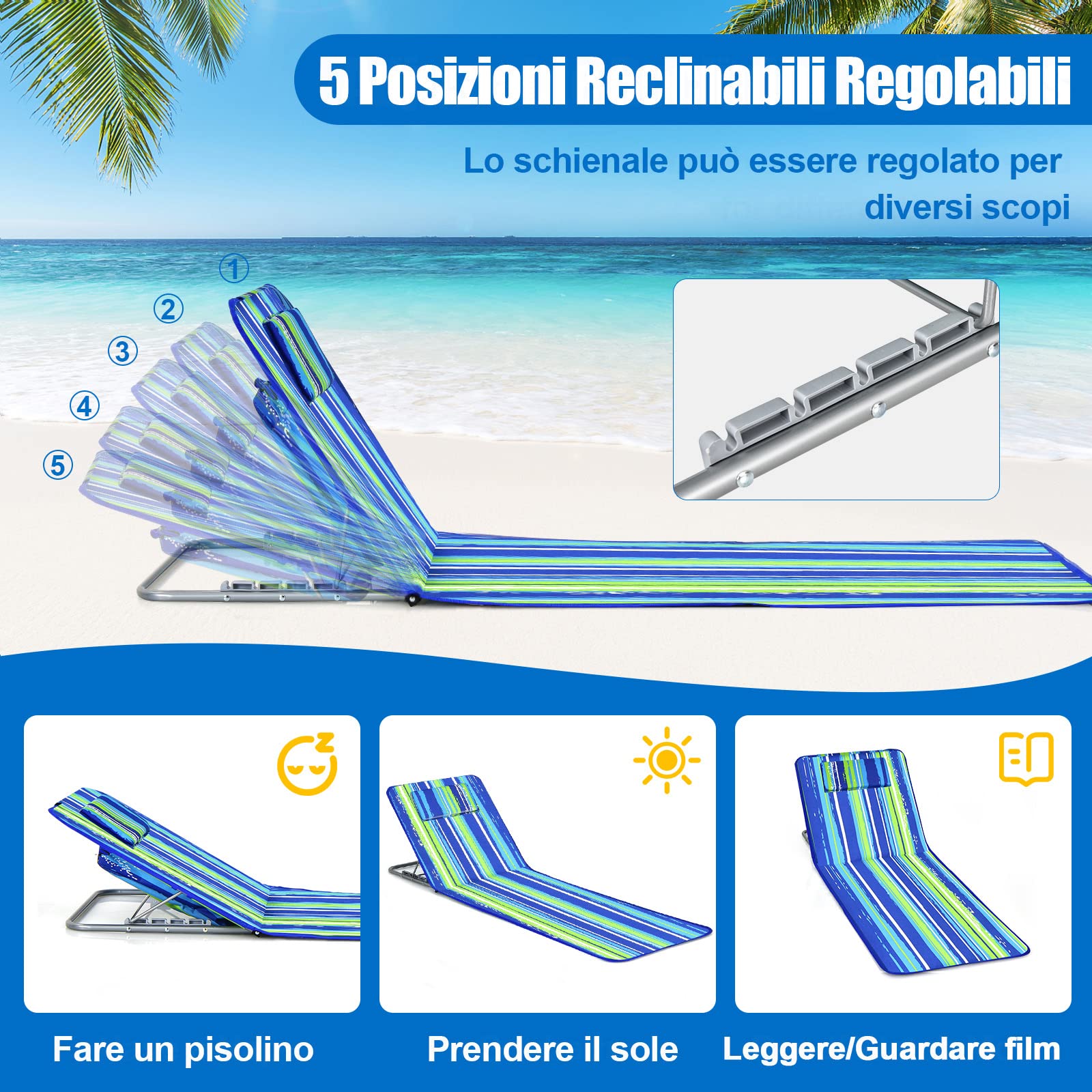 GYMAX Tappetino da Spiaggia Reclinabile, Set di 2 Sedie e Tavolino, Angolo Regolabile, Design Pieghevole Multifunzione, Adatto per Spiaggia, Parchi, Cortili, Campeggio (Blu e verde)