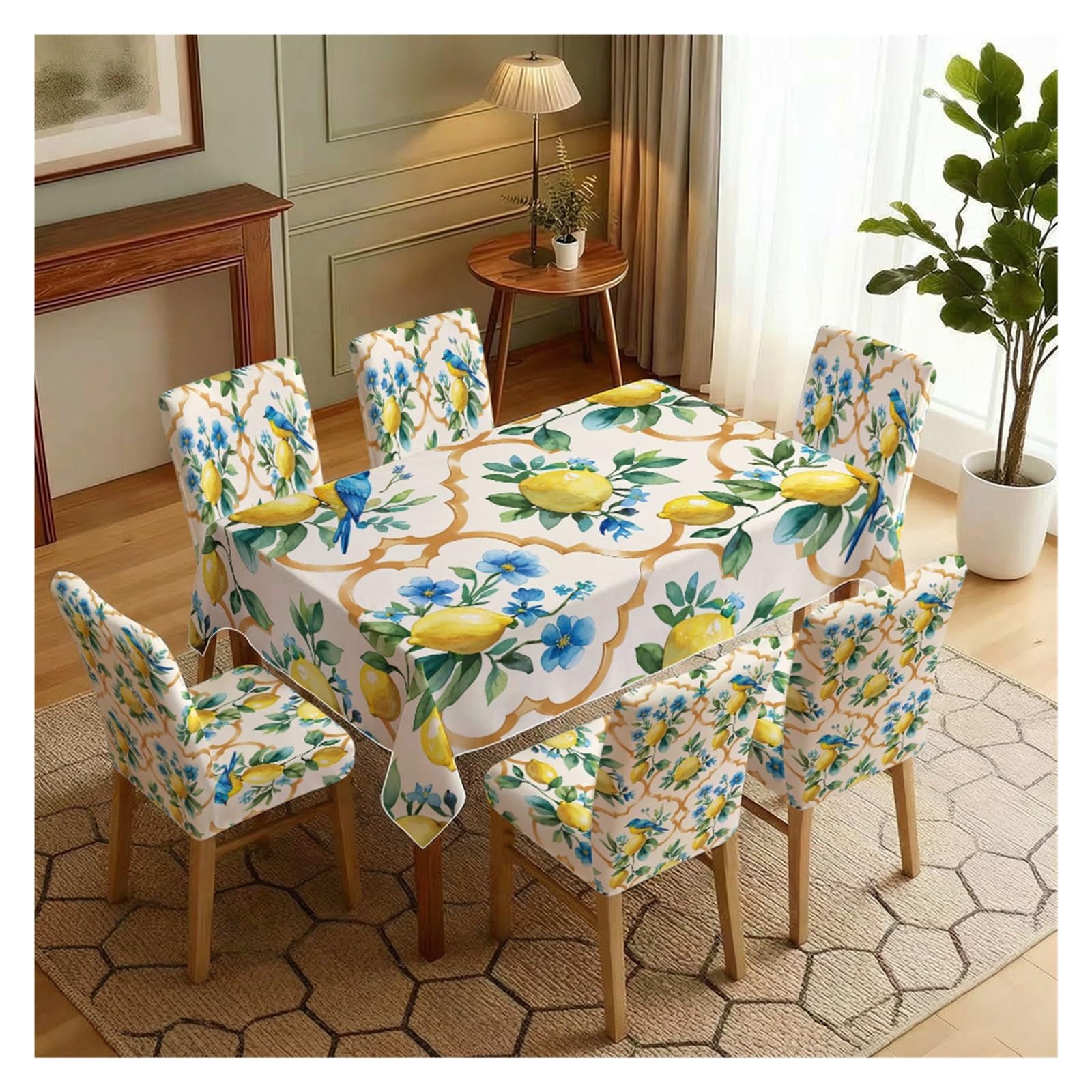 KXUAUV Mediterranean Lemon & Bird Print Tablecloth And Chair Covers Set, Stretch Slipcovers For Summer Coastal Kitchen Dining Room Decor, 5/7 Pack Party Decor(7pcs Set: Tablecloth+Chair Covers)
