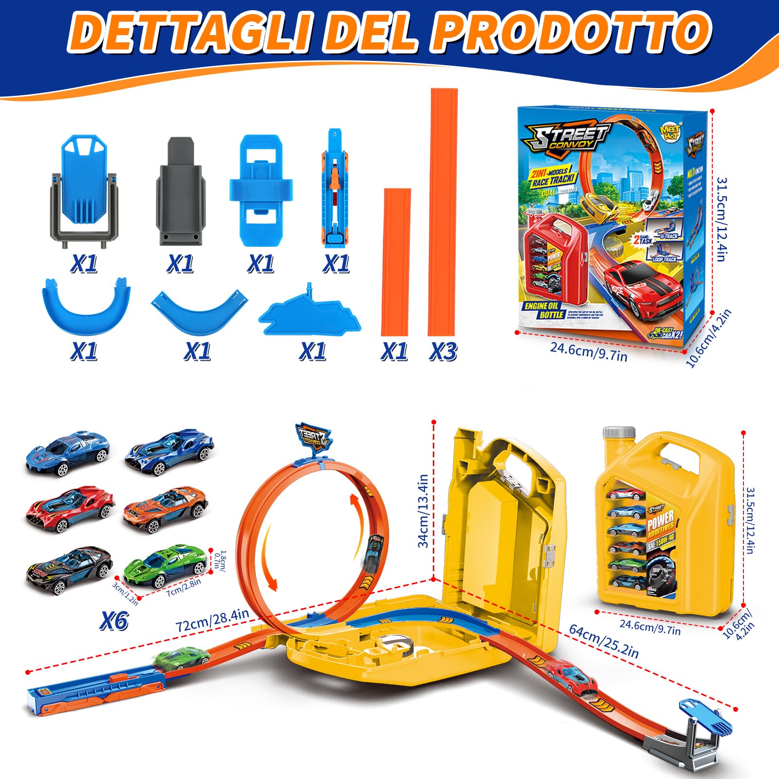 Charmofun Pista Macchinine 2 in1, Giocattolo Piste da Corsa con 6 Auto, Scatola Immagazzinaggio, Piste Macchinine per Bambini con Anello e Binari a U, Portatile Pista per Bambini 3+ Anni (Giallo)