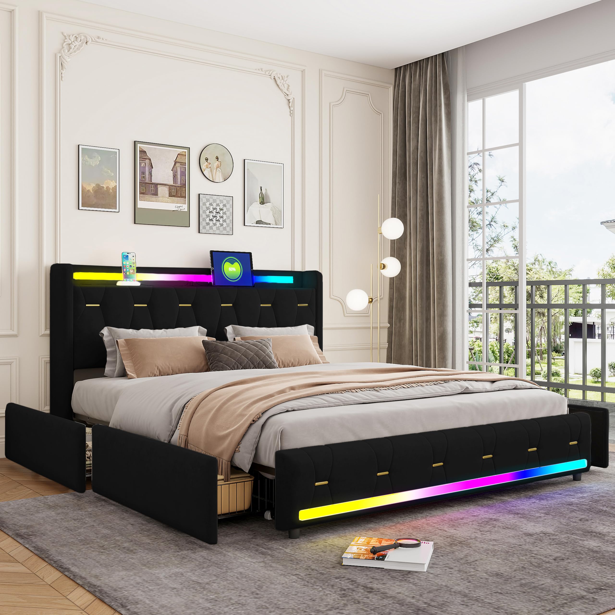 Struttura letto con cassetti portaoggetti 140x200cm,velluto,nero