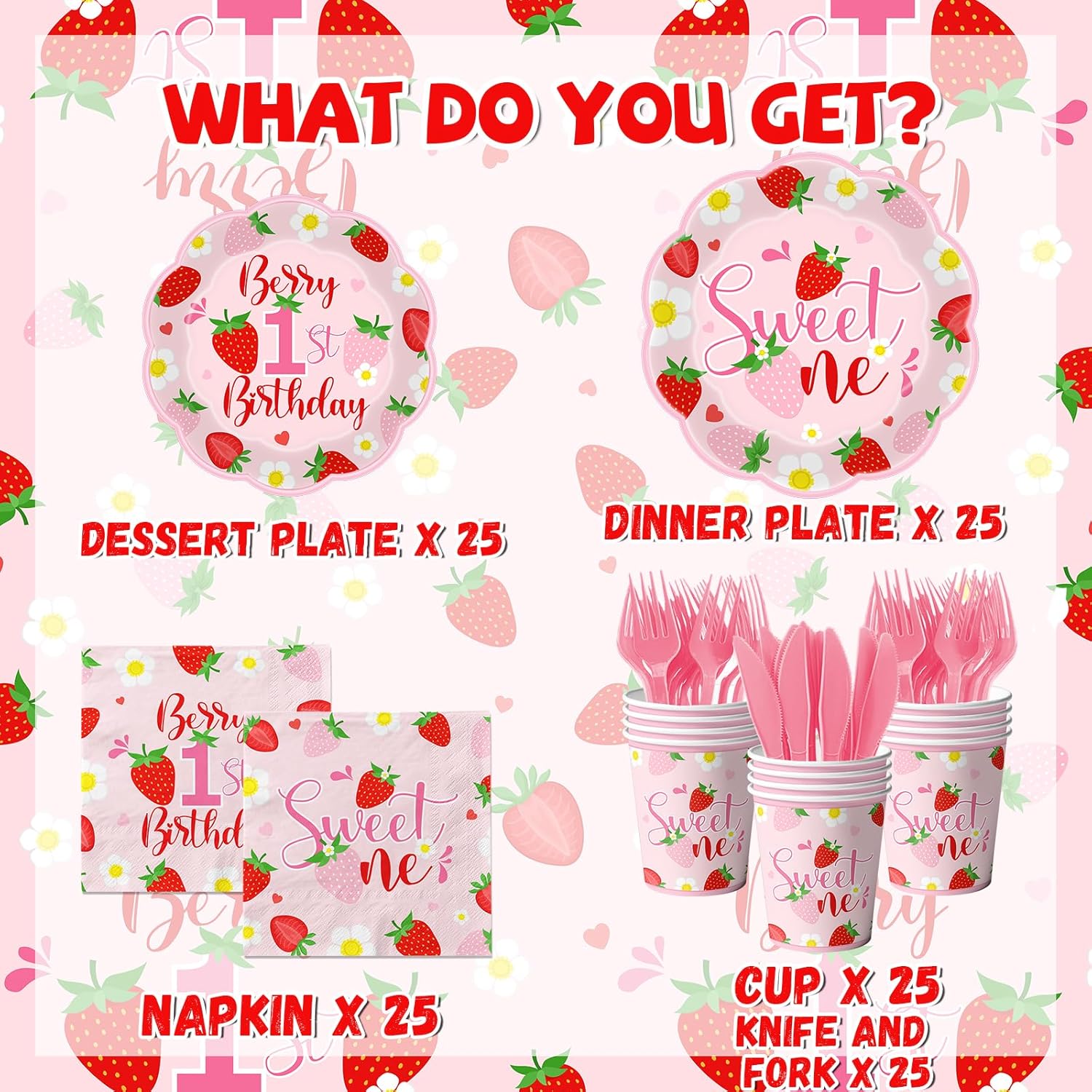 Berry First Birthday Decorations Tableware,150pcs Berry Sweet One Plates and Napkins,Cup, Forks Knives,Strawberry First Birthday Decorations for Girl,Serve 25 - Image 4