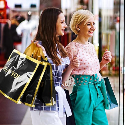 Miniatura 6 de Sweetude 200 bolsas de plástico de agradecimiento para pequeñas empresas, a granel, 12 x 15 pulgadas, bolsas de mercancía con asa dorada (negro)