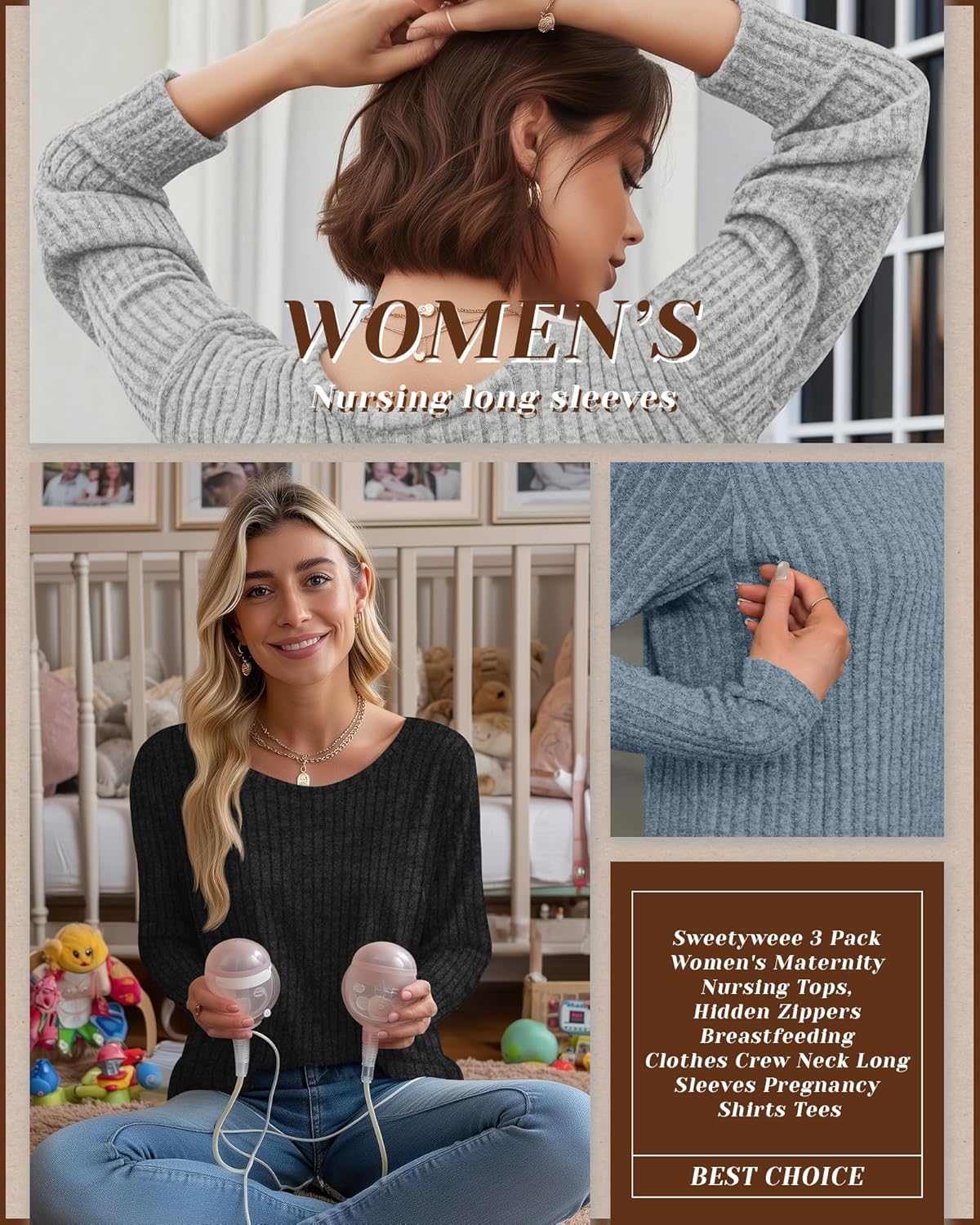3 Pack Women's Nursing Tops Breastfeeding Shirts Long Sleeve Maternity Ribbed Sweaters with Hidden Zipper - Image 4