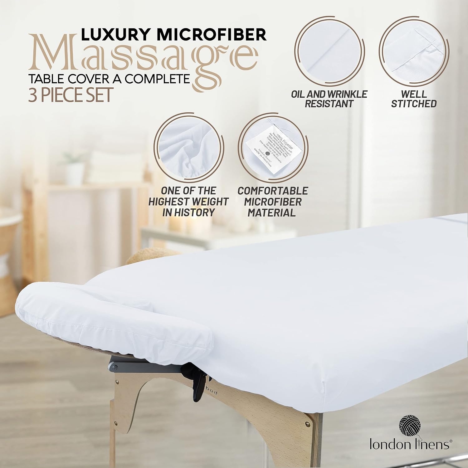 LONDON LINENS Soft Microfiber Massage Table Sheets Set 3 Piece Set - Includes Massage Table Cover, Massage Fitted Sheet, and Massage Face Rest Cover (White)