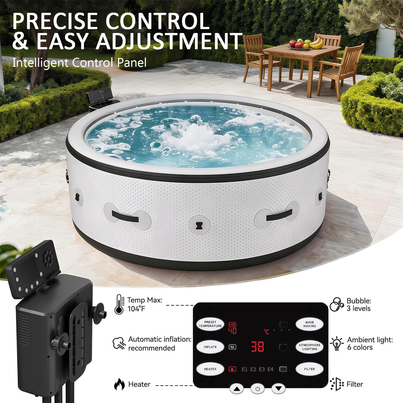 BANGBANGJI Spa Gonflable Rond pour Extérieur, 4-6 Personnes Économe en Énergie, Rond 206 x 71cm, Chauffage Rapide 104°F, avec 150 Bulles pour Terrasse Jardin Extérieur