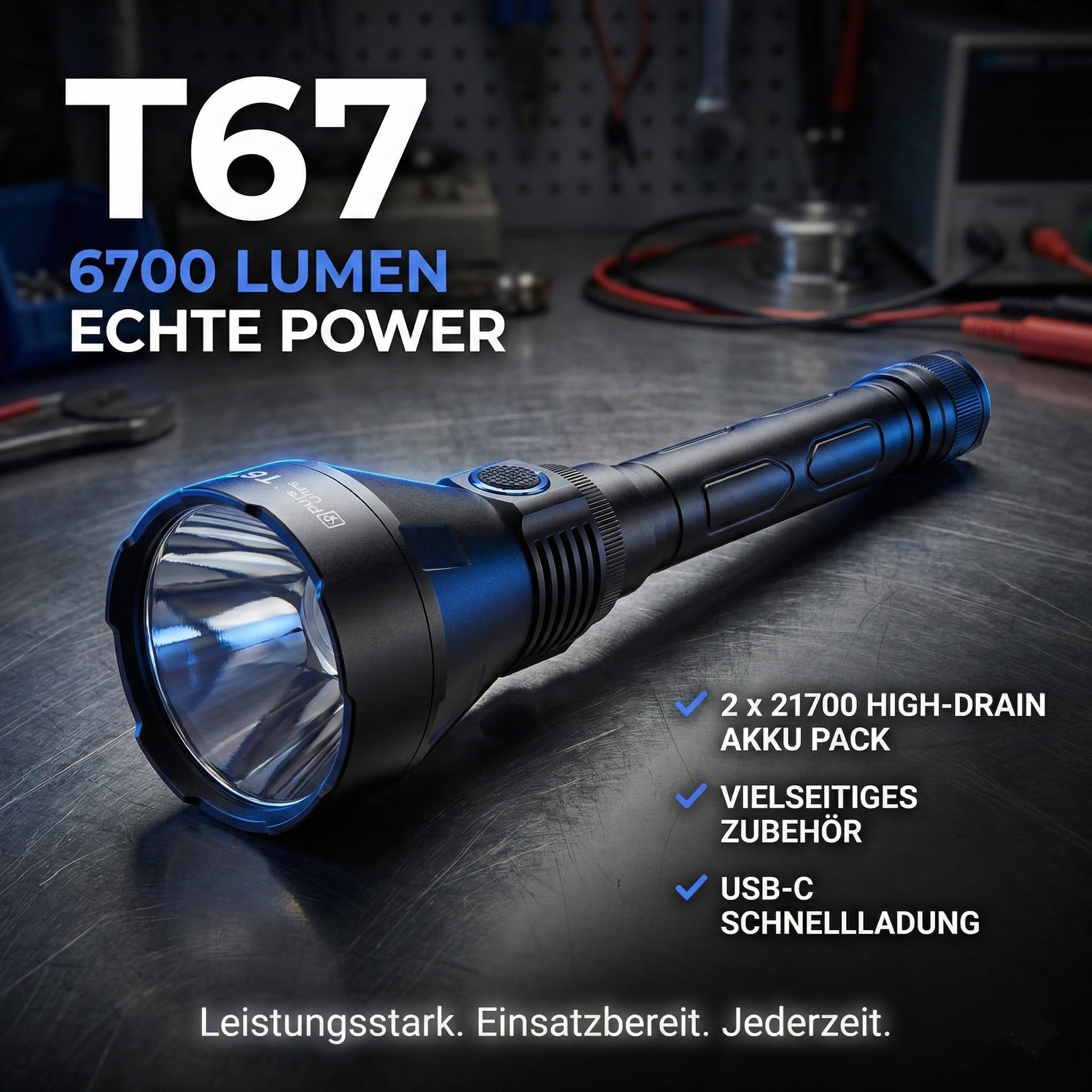 Lampe de poche LED T67 - Ultra lumineuse 6700 lumens, portée de 1400 m, charge rapide USB-C, étanchéité IP68, design robuste, parfait pour les aventures en plein air (kit de base)