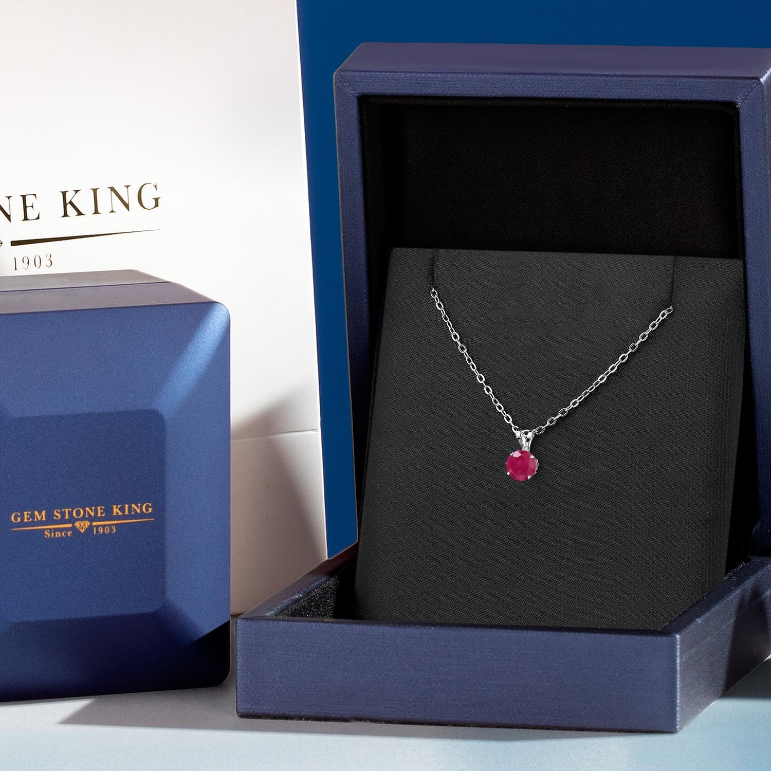 Gem Stone King 14K White Gold Red Ruby Pendant Necklace for Women | 1.00 Cttw | Gemstone July Birthstone | Round 6MM | With 18 Inch Silver Chain - Image 5