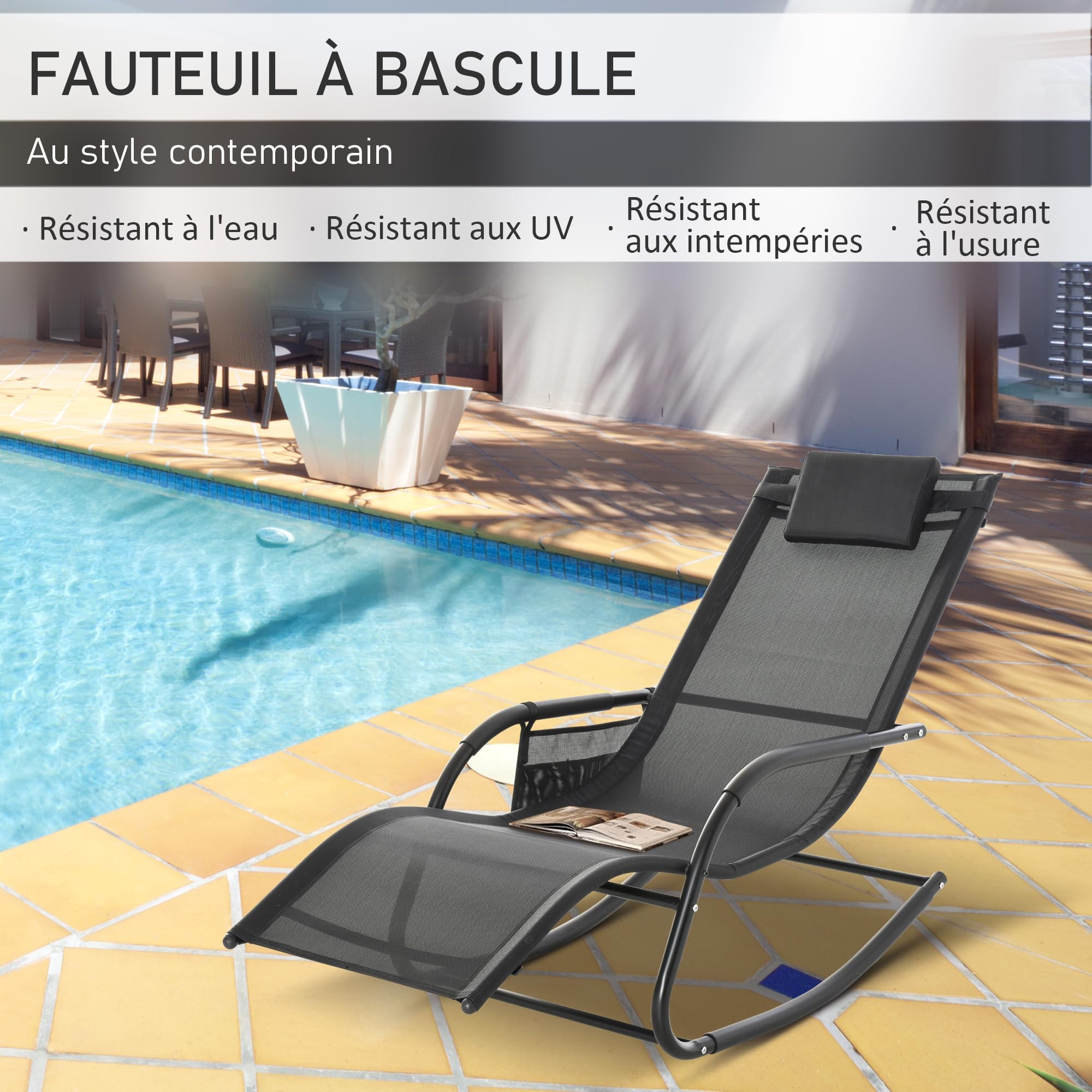 Outsunny Chaise Longue à Bascule - Rocking Chair Ergonomique - tétière Amovible, accoudoirs, Pochette Rangement - métal époxy textilène Noir