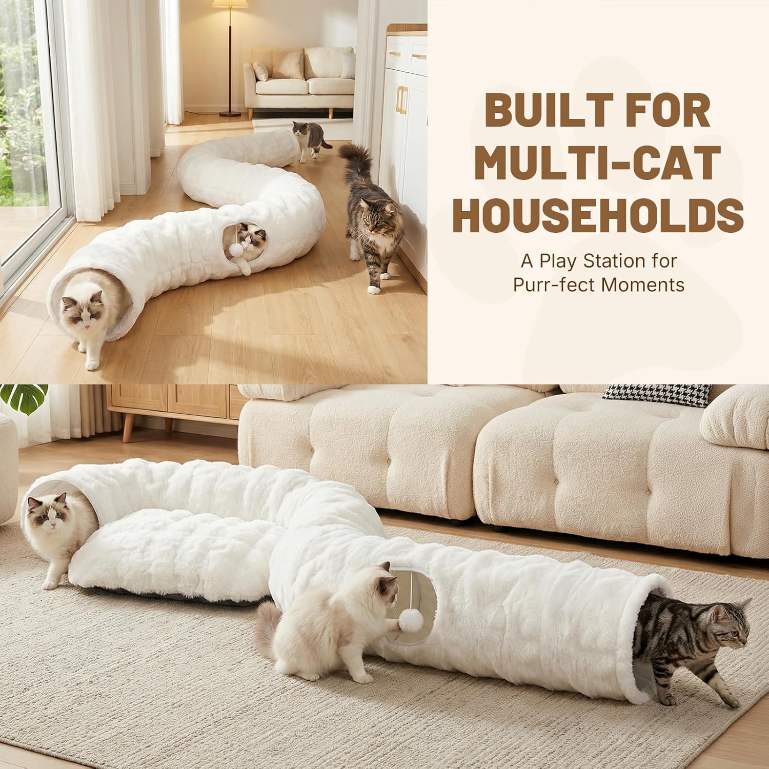 Extra Large Cat Tunnel, 47.2in Luxury Tunnel for Large Cats, Extra Long Bubble Fleece Big Cat Tunnel for Cats with Washable Mat, Skin-Friendly Large Tunnel for Cats, Puppy, Rabbits White