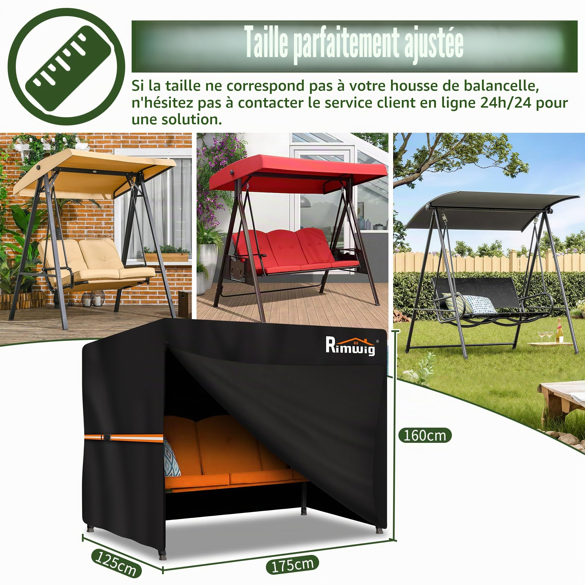 Housse de protection pour balancelle de jardin, imperméable, résistante, 2 places, pour extérieur, anti-vent, anti-UV, housse pour hamac de jardin (175 x 125 x 160 cm), noir