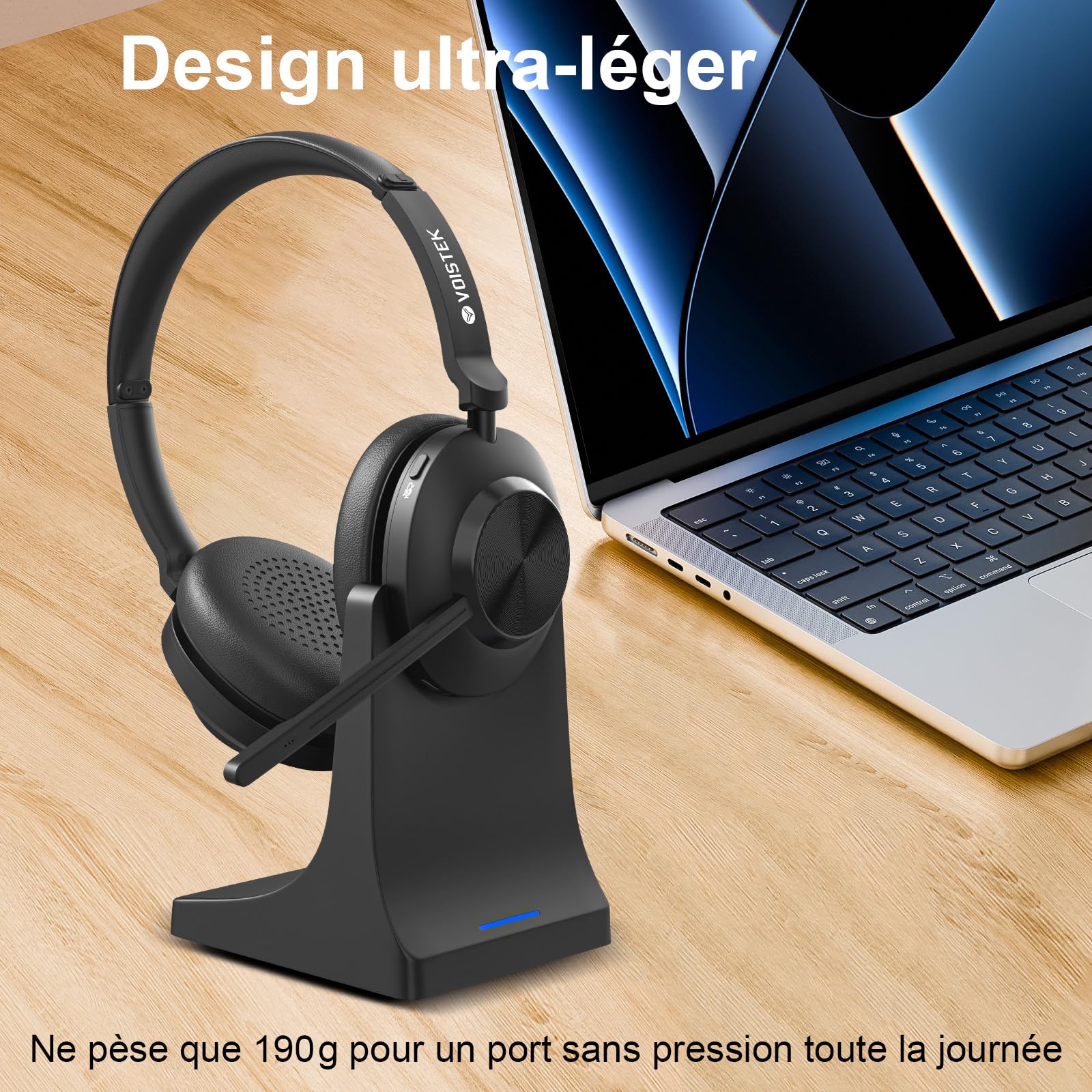 Voistek Casque Bluetooth Sans Fil avec Microphone pour PC/Ordinateur Portable, Léger on Ear, Microphone Réglable à Réduction de Bruit, Casque Audio Sans Fil pour Bureau, Télétravail, Chat, Zoom, Teams