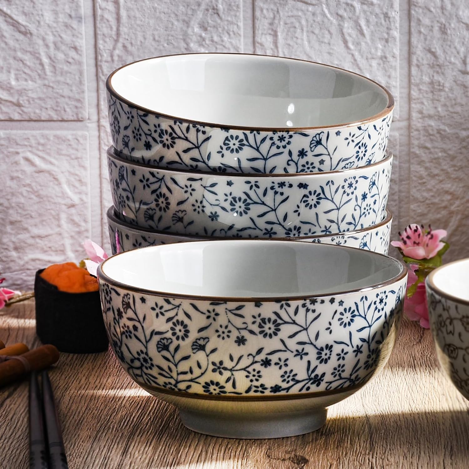 Porcelain Rice Bowl Set of 4, 5‘’ Blue Floral Pattern Cereal Bowls