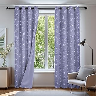 Deconovo Blackout Curtains for Kids Bedroom 90 Long Drop Silver Geometric Line Window Treatment Thermal Insulted Living Room Curtains 46 x 90 Inch Light Purple 2 Panels