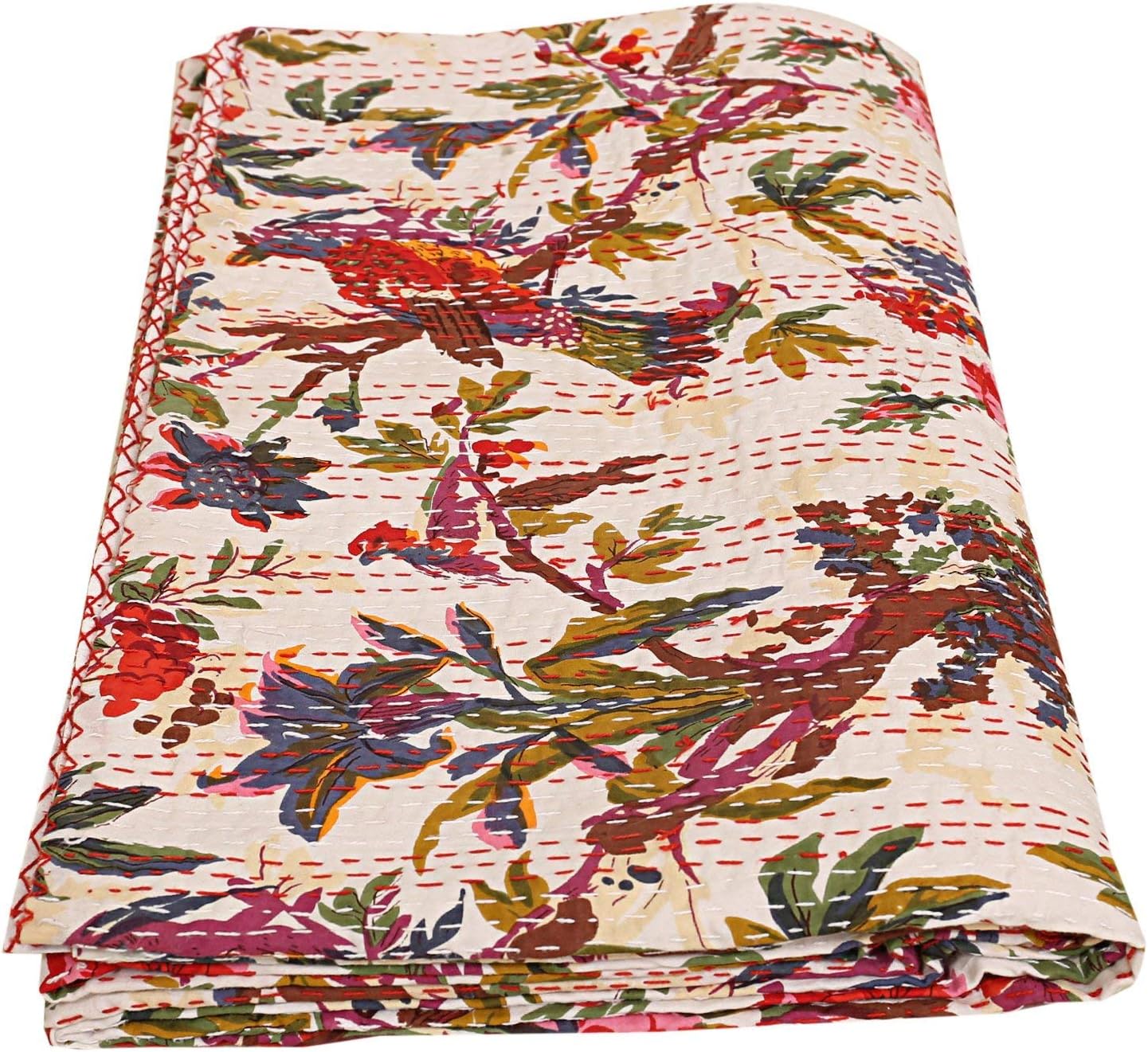 Sophia-Art King Traditional Home Decor Kantha Bird Quilt Handmade Kantha Print Bird Throw Blanket Bohemian Kantha Quilt Throw Cotton Blanket