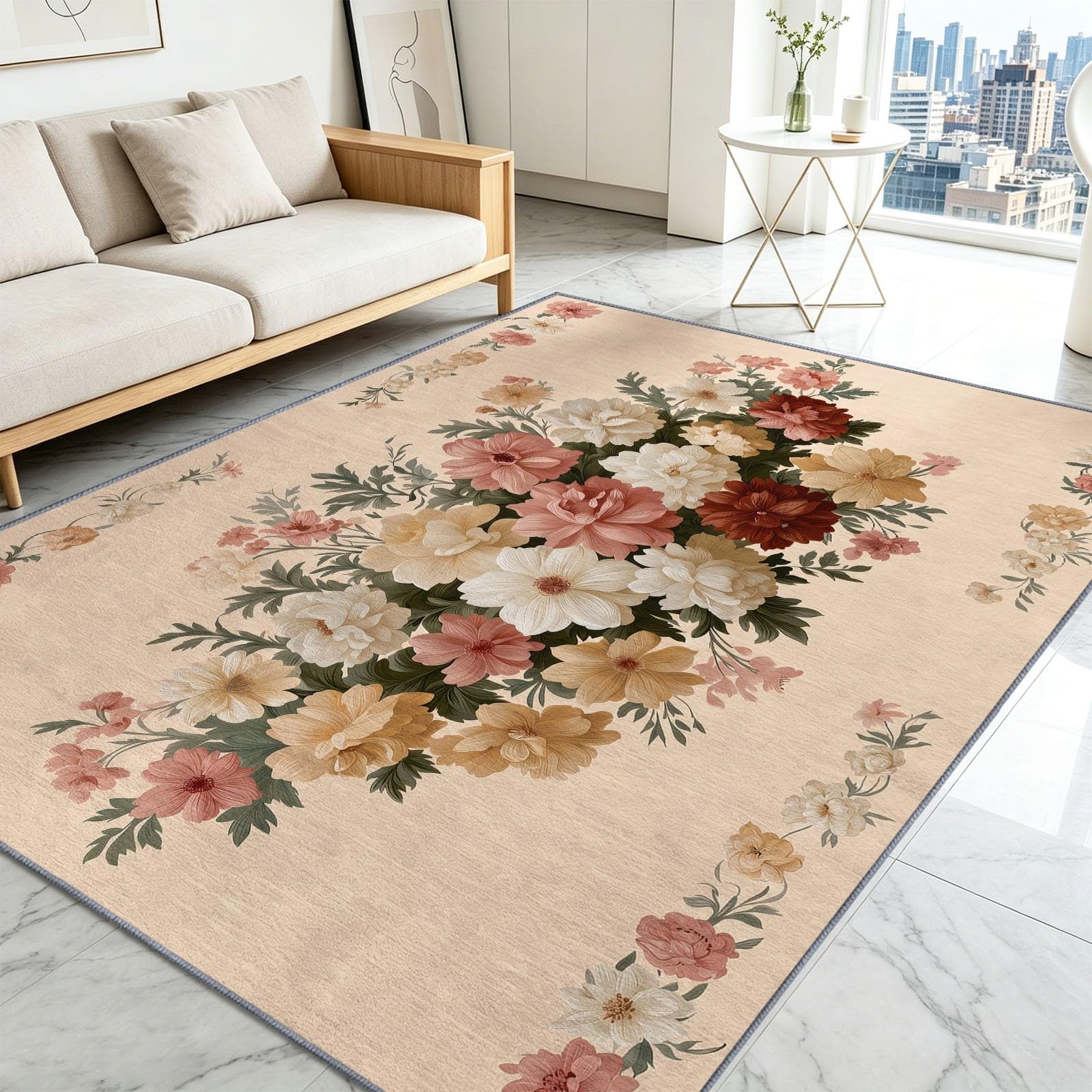 Tappeto lavabile, 80 x 150 cm, motivo floreale selvatico, peonie, per cameretta dei bambini, antiscivolo, a pelo corto, facile da pulire, per soggiorno, camera da letto, corridoio, cucina